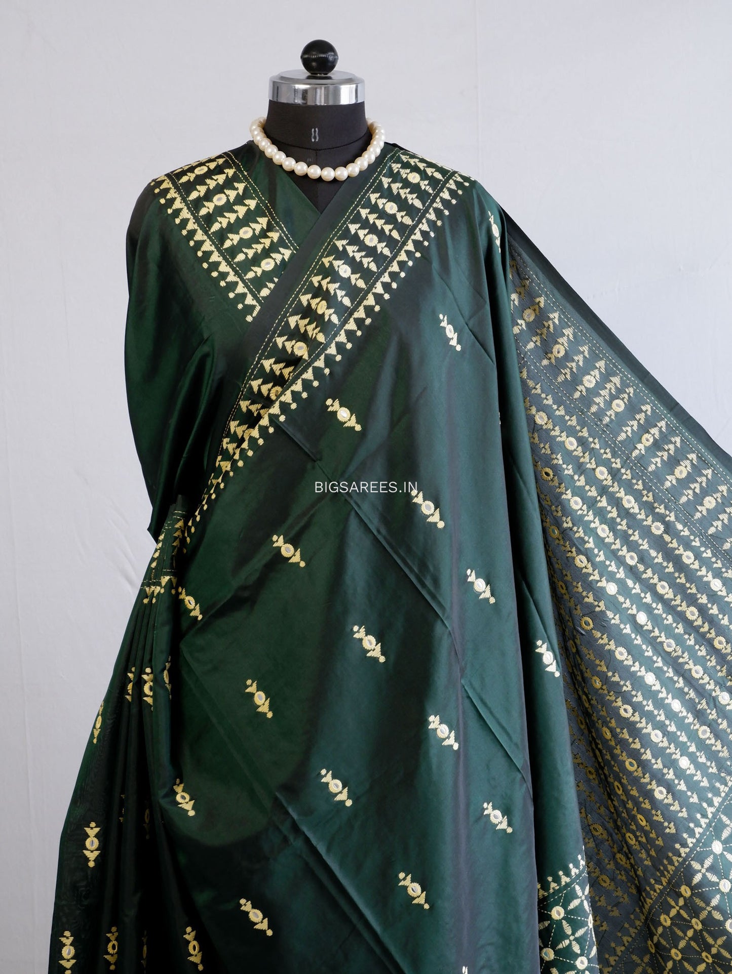 Kantha Stitch Hand Embroidered Saree | Blended Bangalore Silk / Art Silk | Dark Forest Green