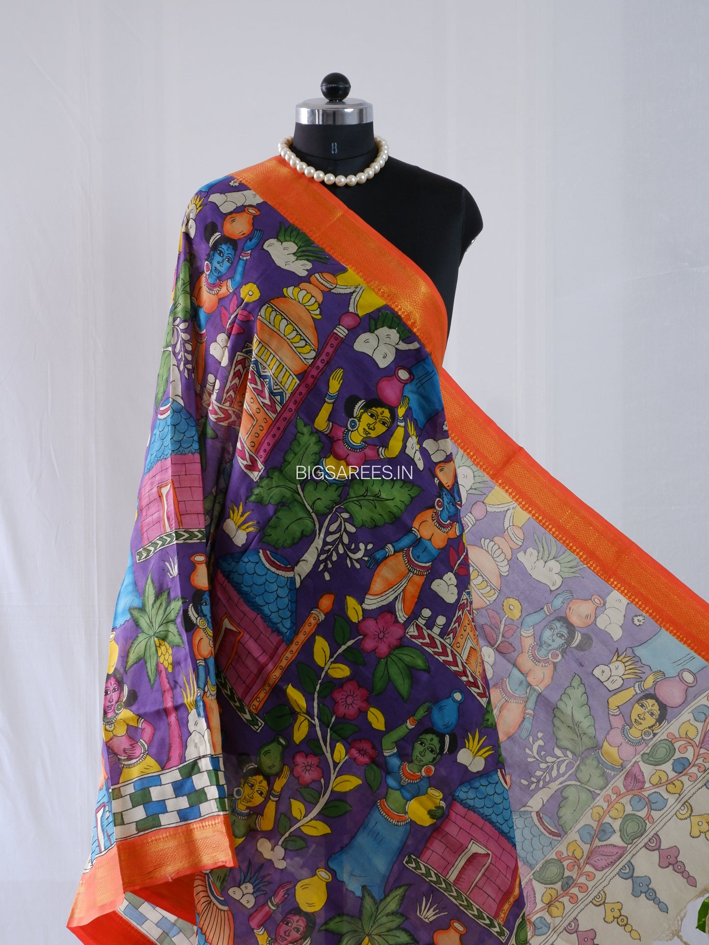 Pen Kalamkari Hand Painted Bangalore Silk Dupatta | Purple |