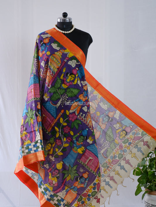 Pen Kalamkari Hand Painted Bangalore Silk Dupatta | Purple |