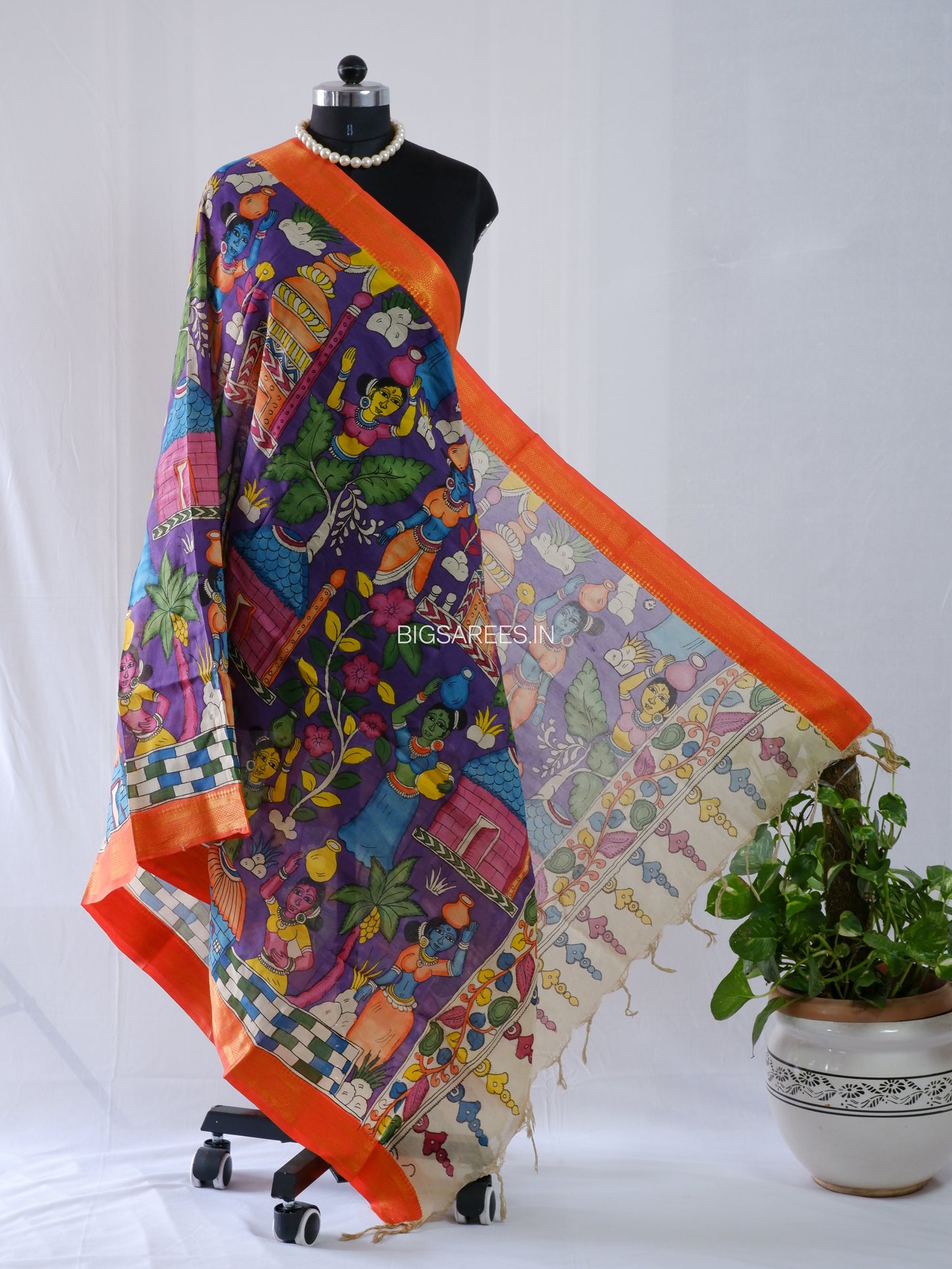 Pen Kalamkari Hand Painted Bangalore Silk Dupatta | Purple |