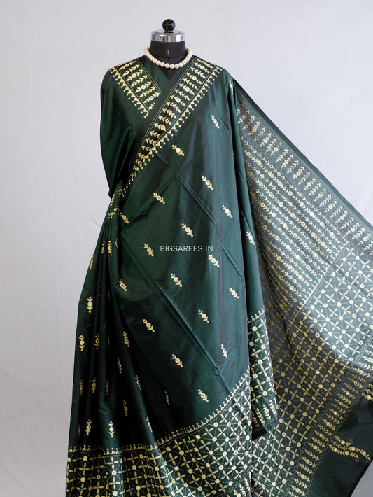 Kantha Stitch Hand Embroidered Saree | Blended Bangalore Silk / Art Silk | Dark Forest Green