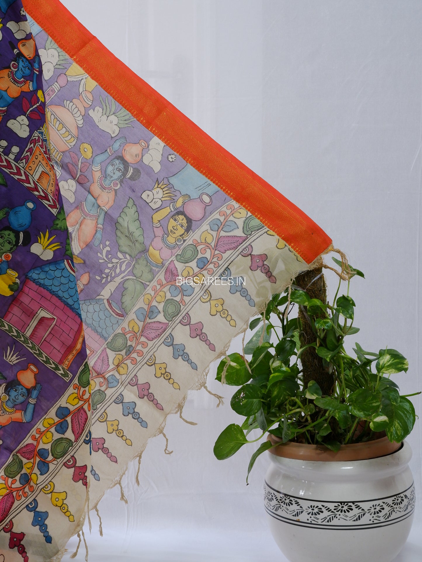 Pen Kalamkari Hand Painted Bangalore Silk Dupatta | Purple |