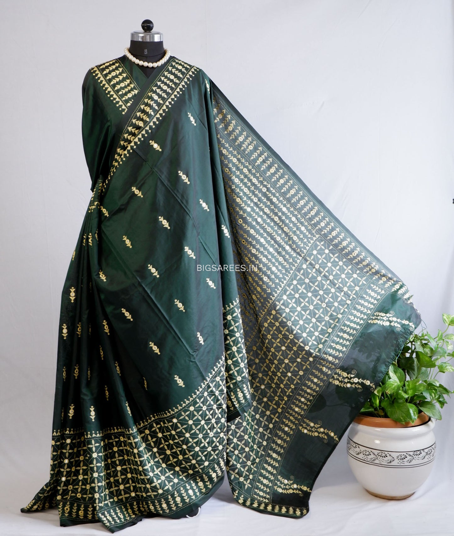 Kantha Stitch Hand Embroidered Saree | Blended Bangalore Silk / Art Silk | Dark Forest Green