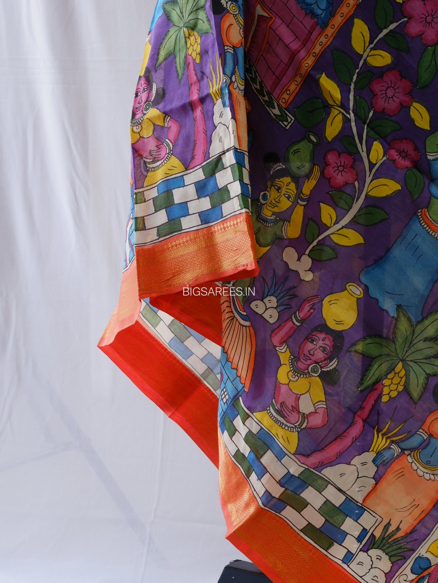 Pen Kalamkari Hand Painted Bangalore Silk Dupatta | Purple |