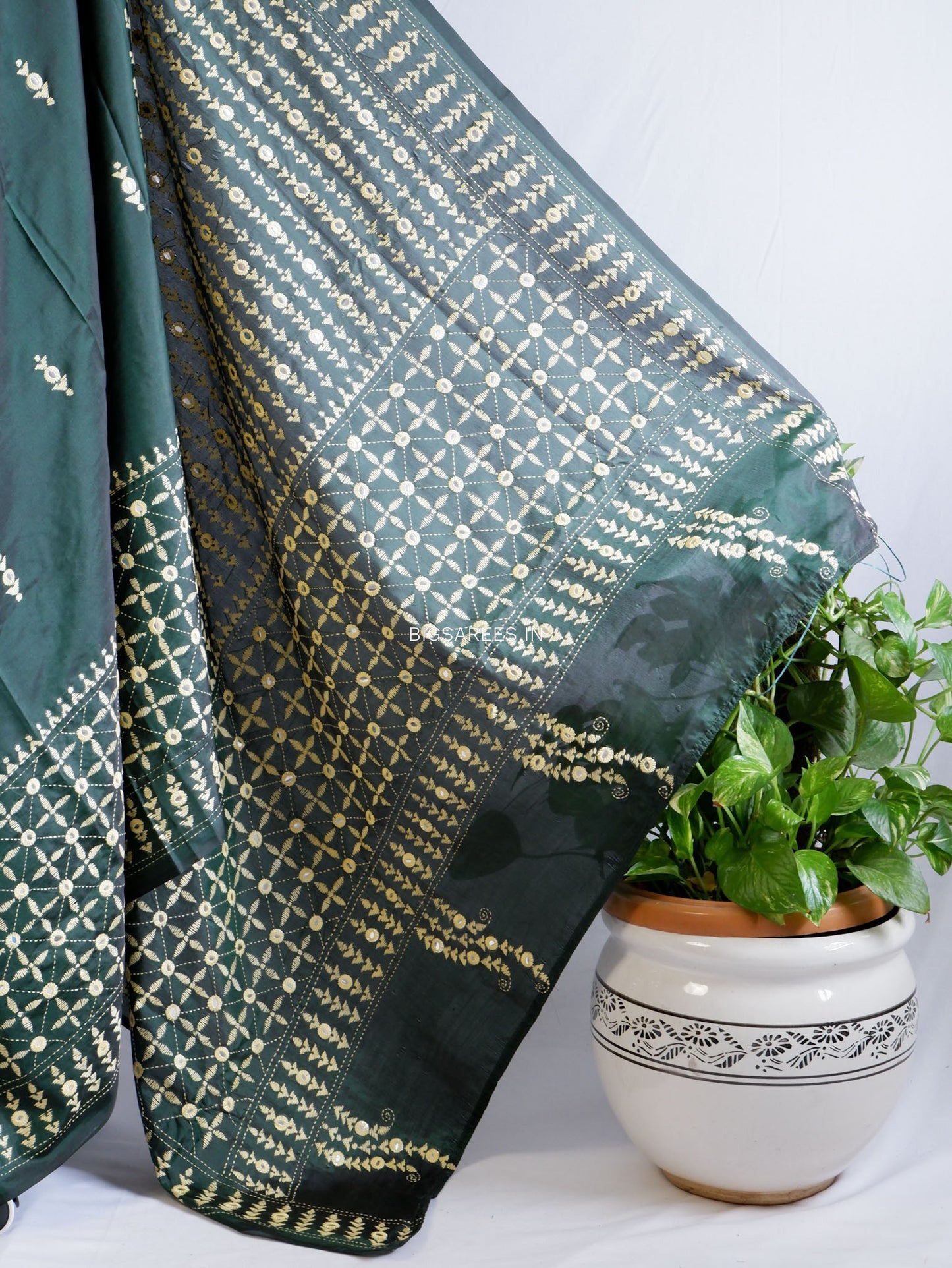 Kantha Stitch Hand Embroidered Saree | Blended Bangalore Silk / Art Silk | Dark Forest Green