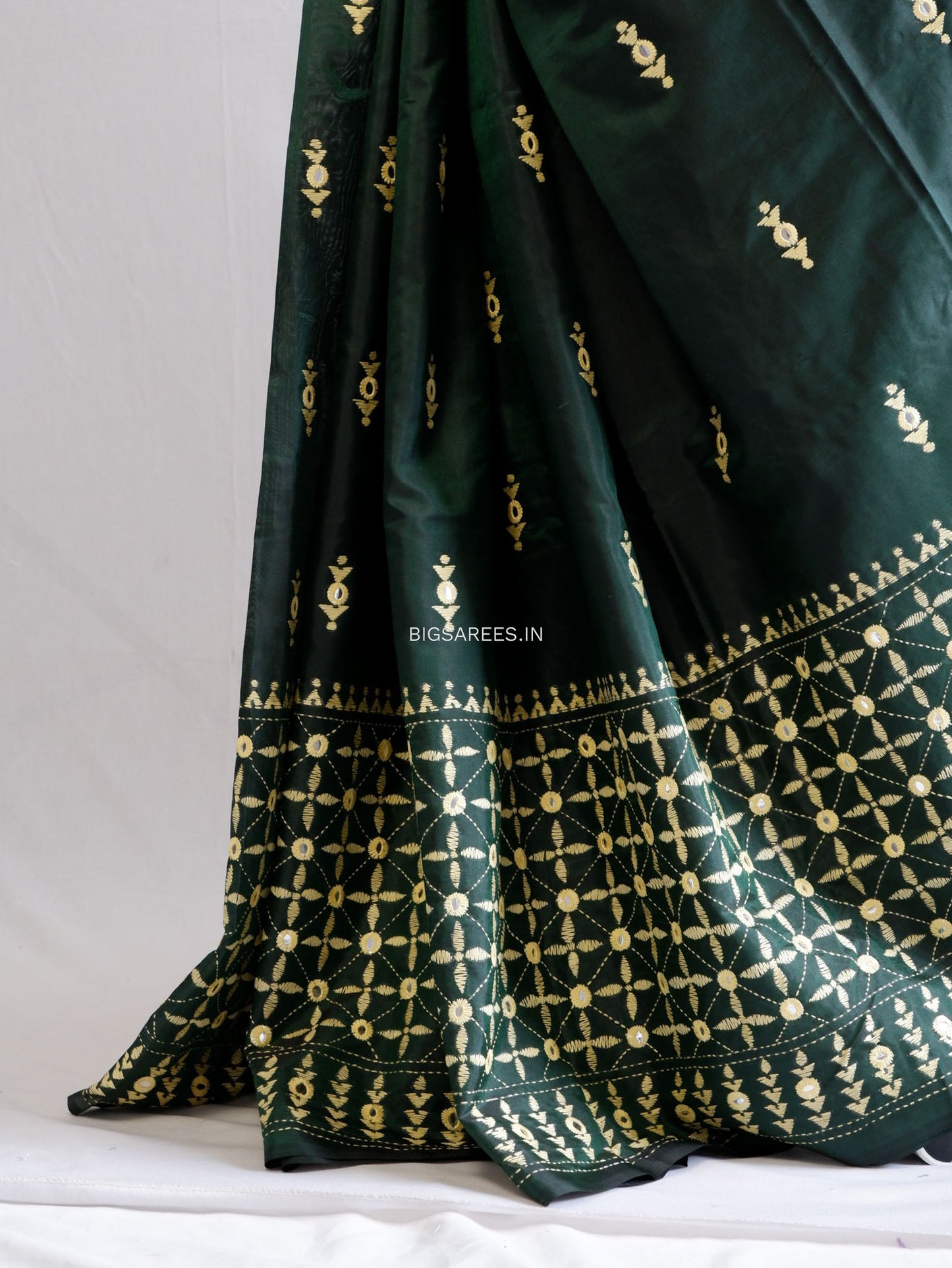 Kantha Stitch Hand Embroidered Saree | Blended Bangalore Silk / Art Silk | Dark Forest Green