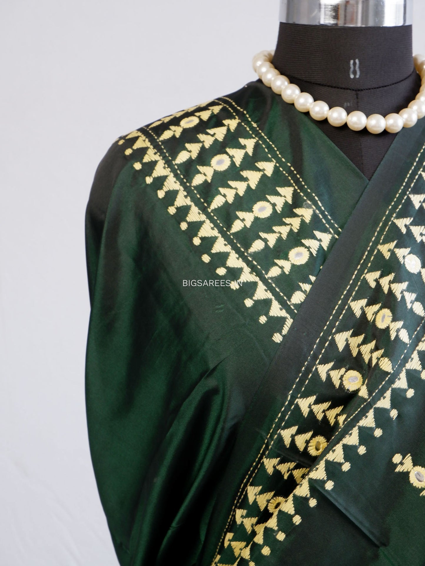 Kantha Stitch Hand Embroidered Saree | Blended Bangalore Silk / Art Silk | Dark Forest Green
