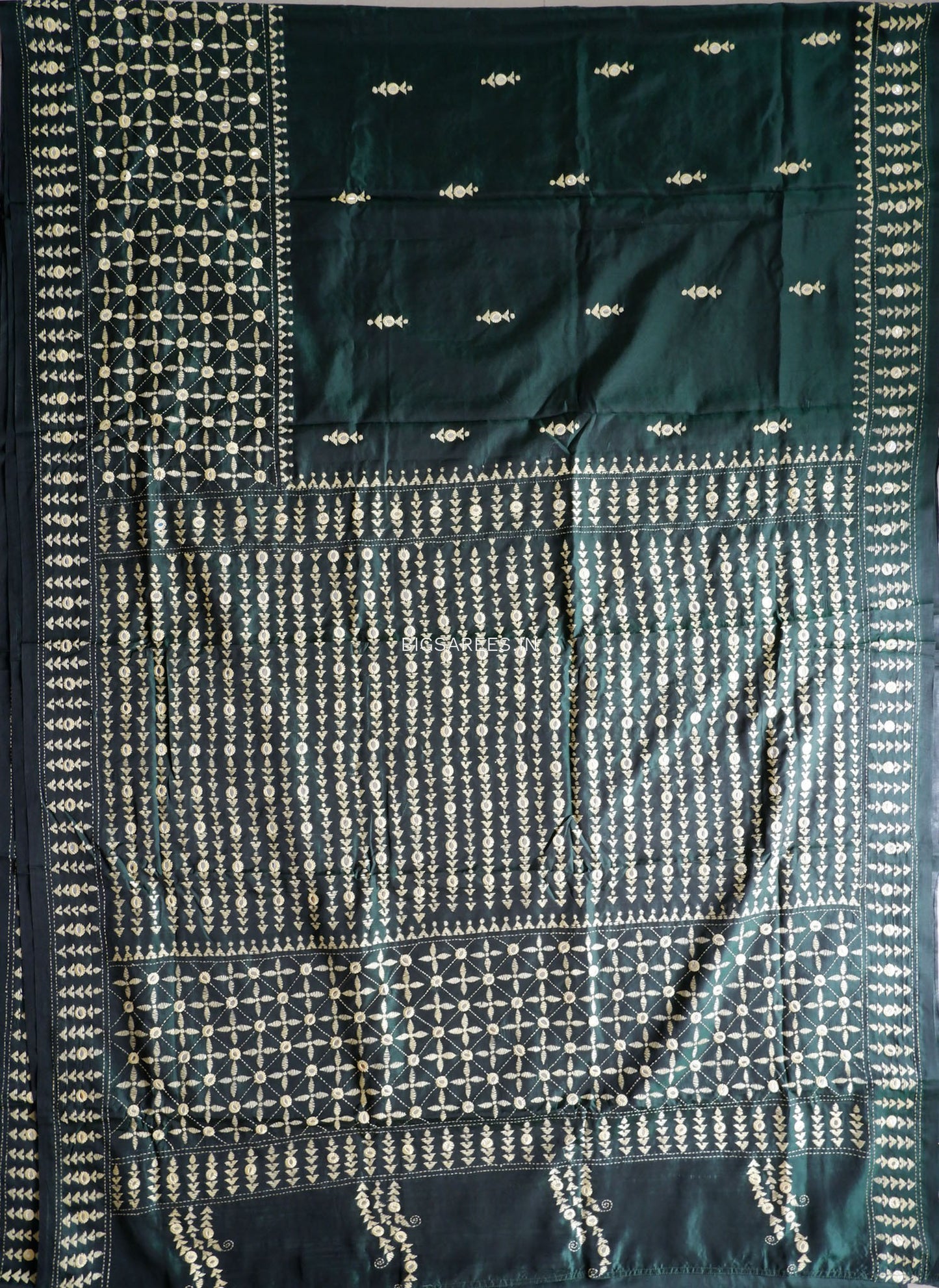 Kantha Stitch Hand Embroidered Saree | Blended Bangalore Silk / Art Silk | Dark Forest Green