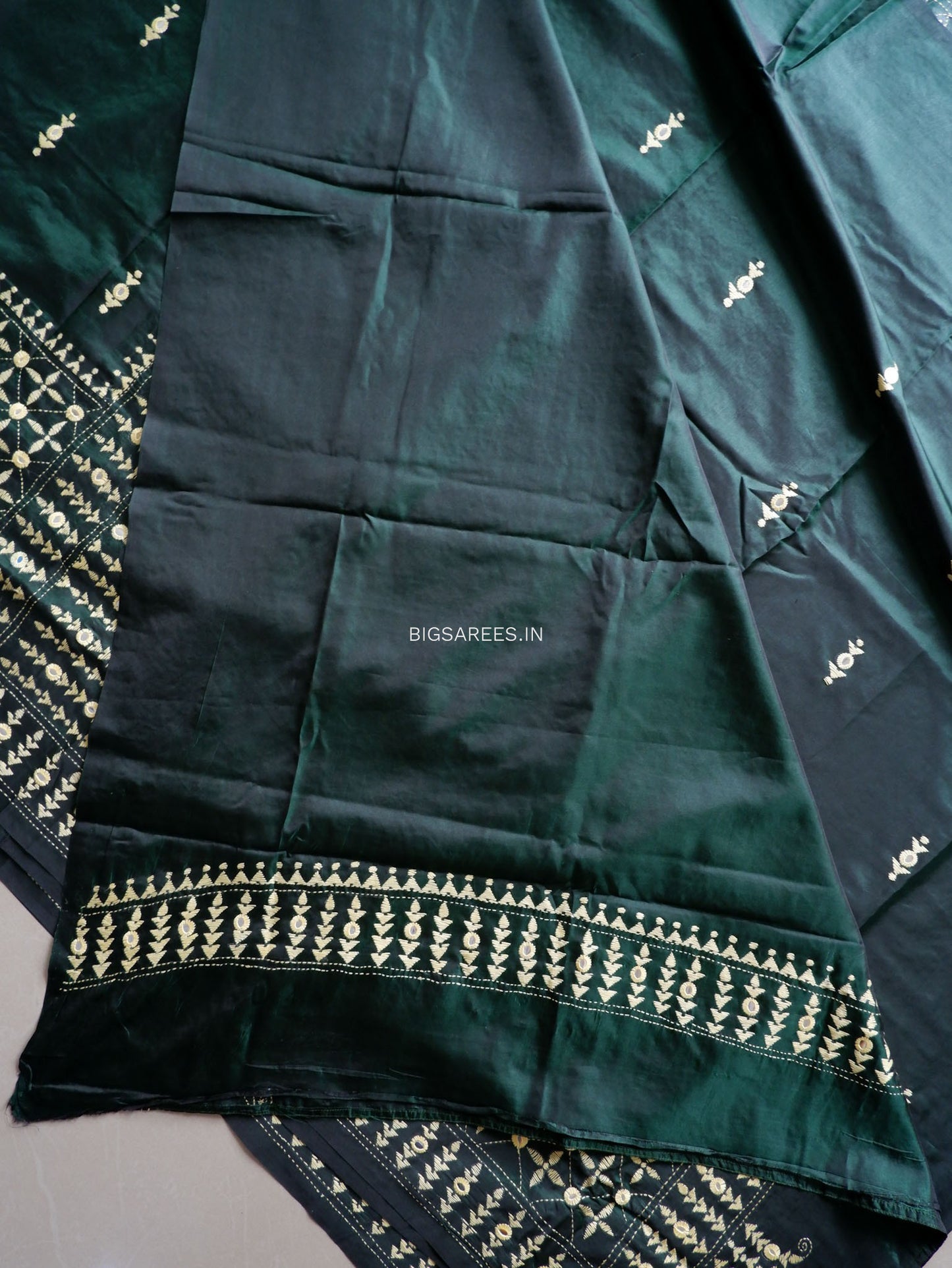 Kantha Stitch Hand Embroidered Saree | Blended Bangalore Silk / Art Silk | Dark Forest Green