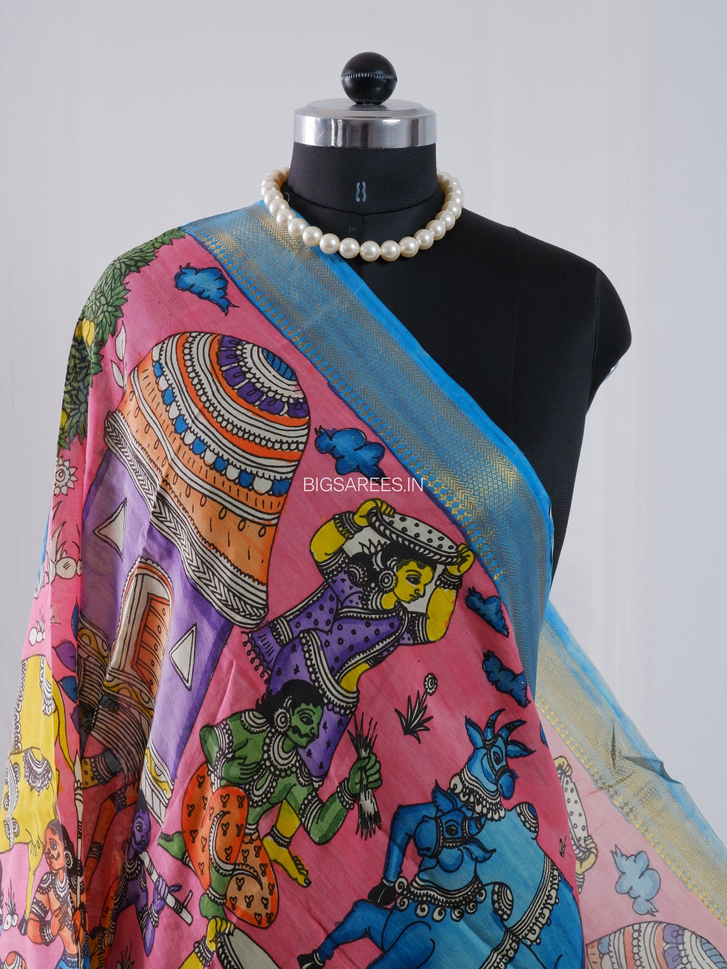 Pen Kalamkari Hand Painted Bangalore Silk Dupatta | Baby Pink |
