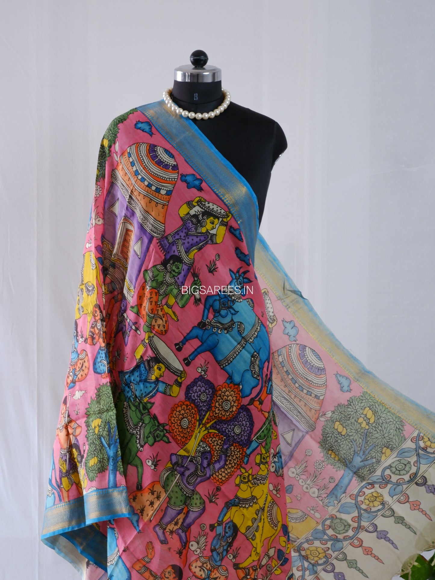 Pen Kalamkari Hand Painted Bangalore Silk Dupatta | Baby Pink |