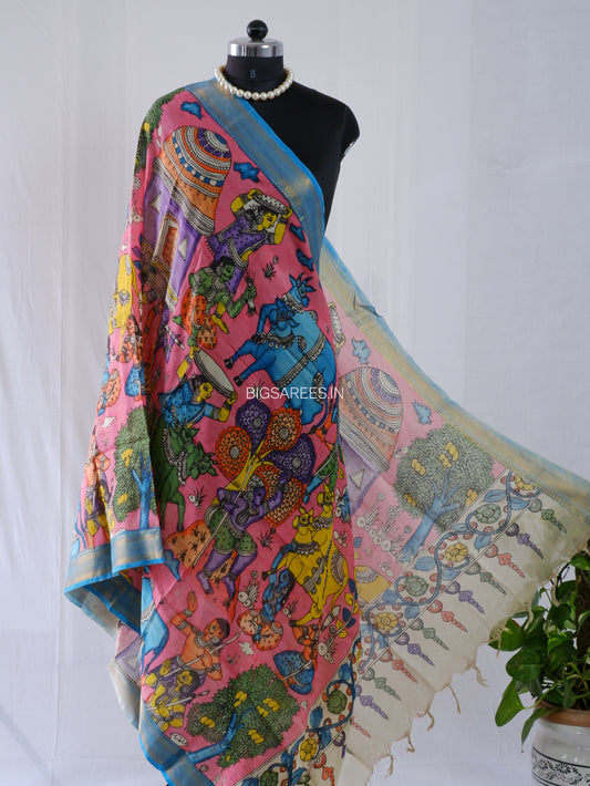 Pen Kalamkari Hand Painted Bangalore Silk Dupatta | Baby Pink |