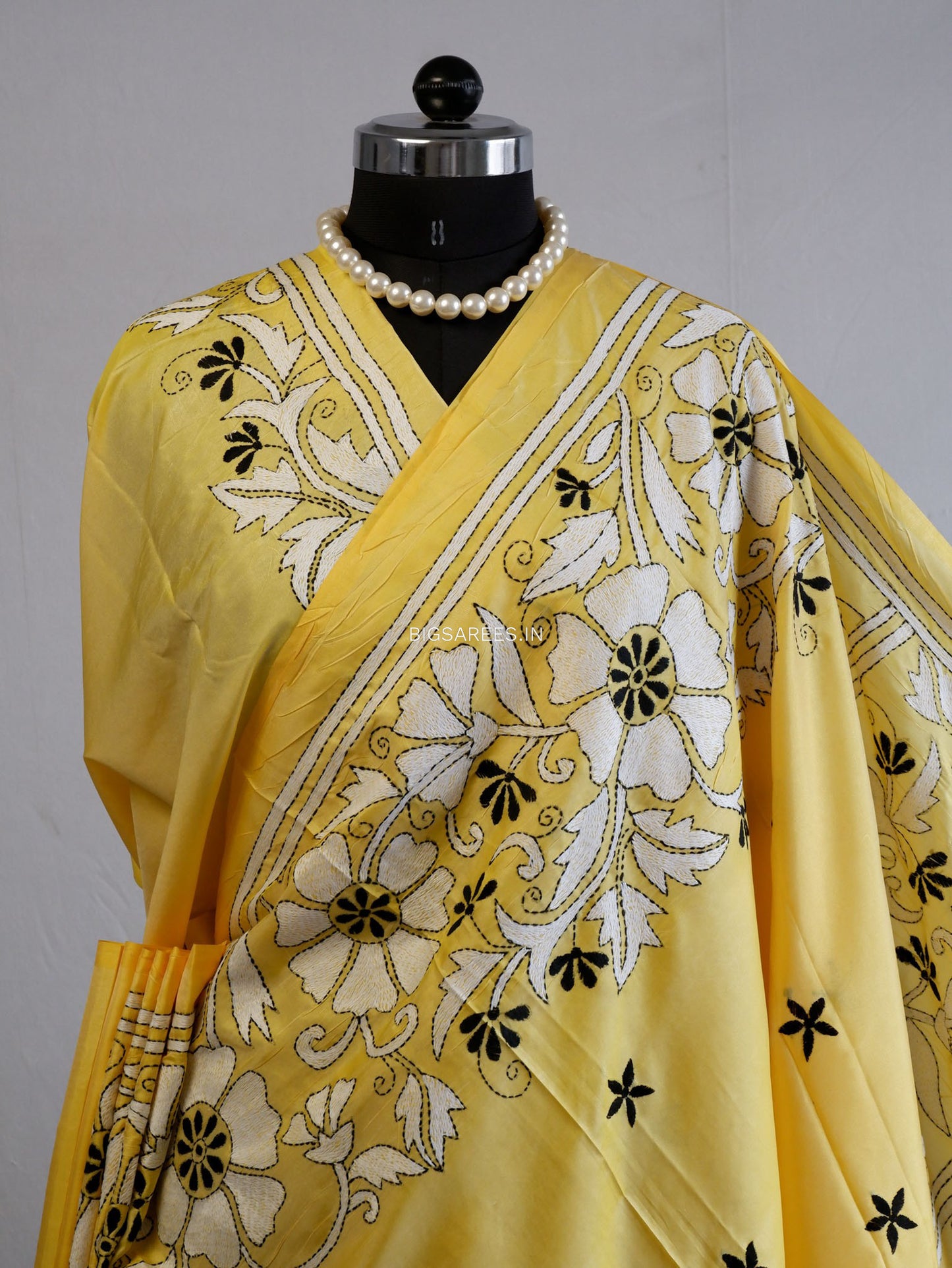 Kantha Stitch Hand Embroidered Saree | Blended Bangalore Silk / Art Silk | Yellow