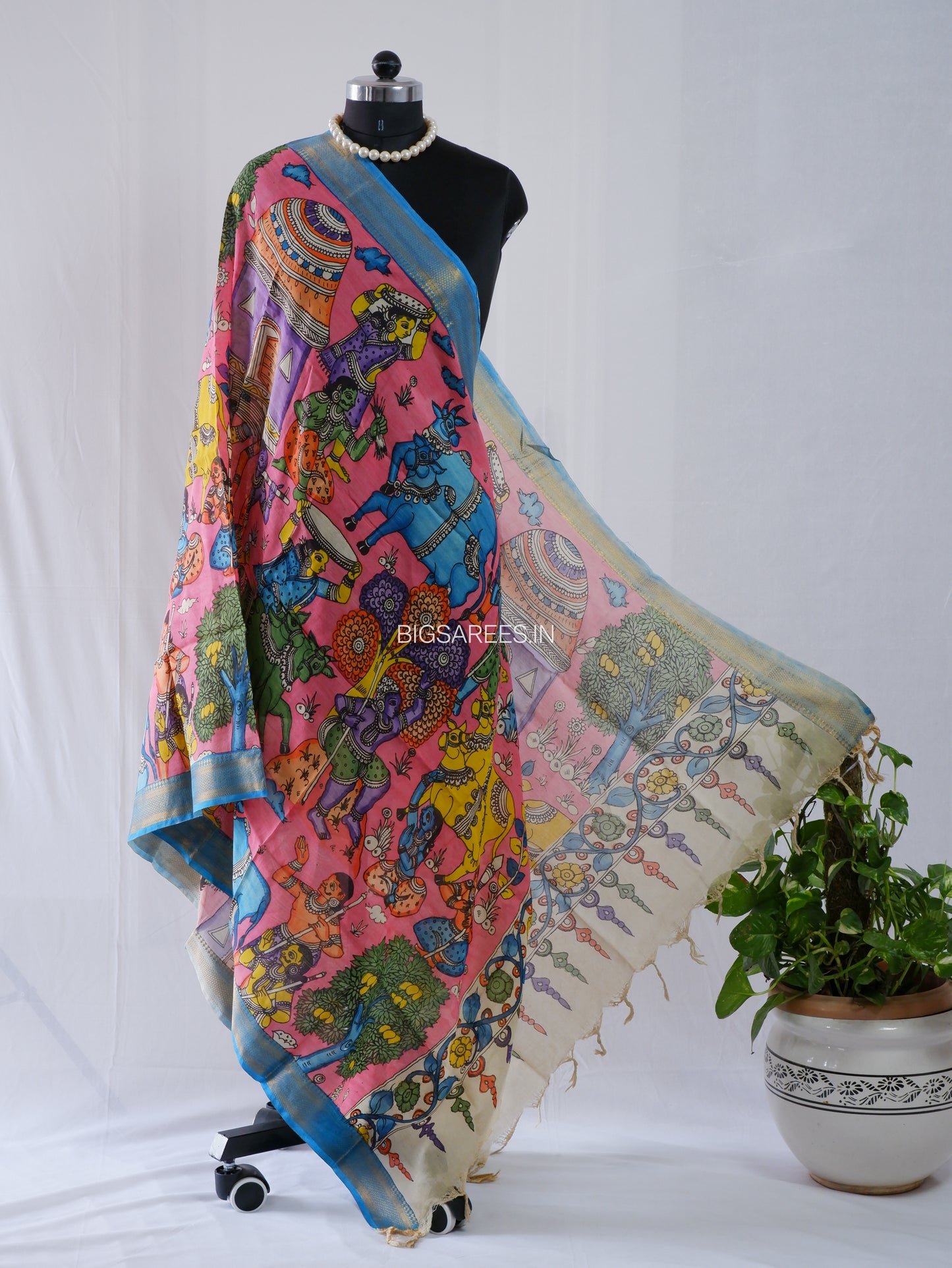Pen Kalamkari Hand Painted Bangalore Silk Dupatta | Baby Pink |