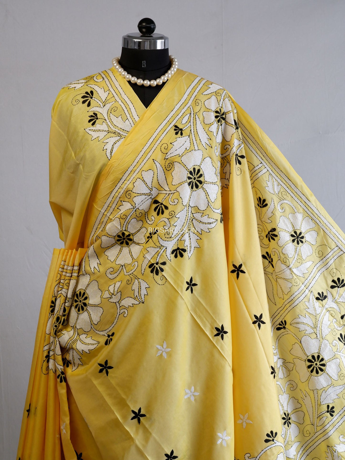 Kantha Stitch Hand Embroidered Saree | Blended Bangalore Silk / Art Silk | Yellow