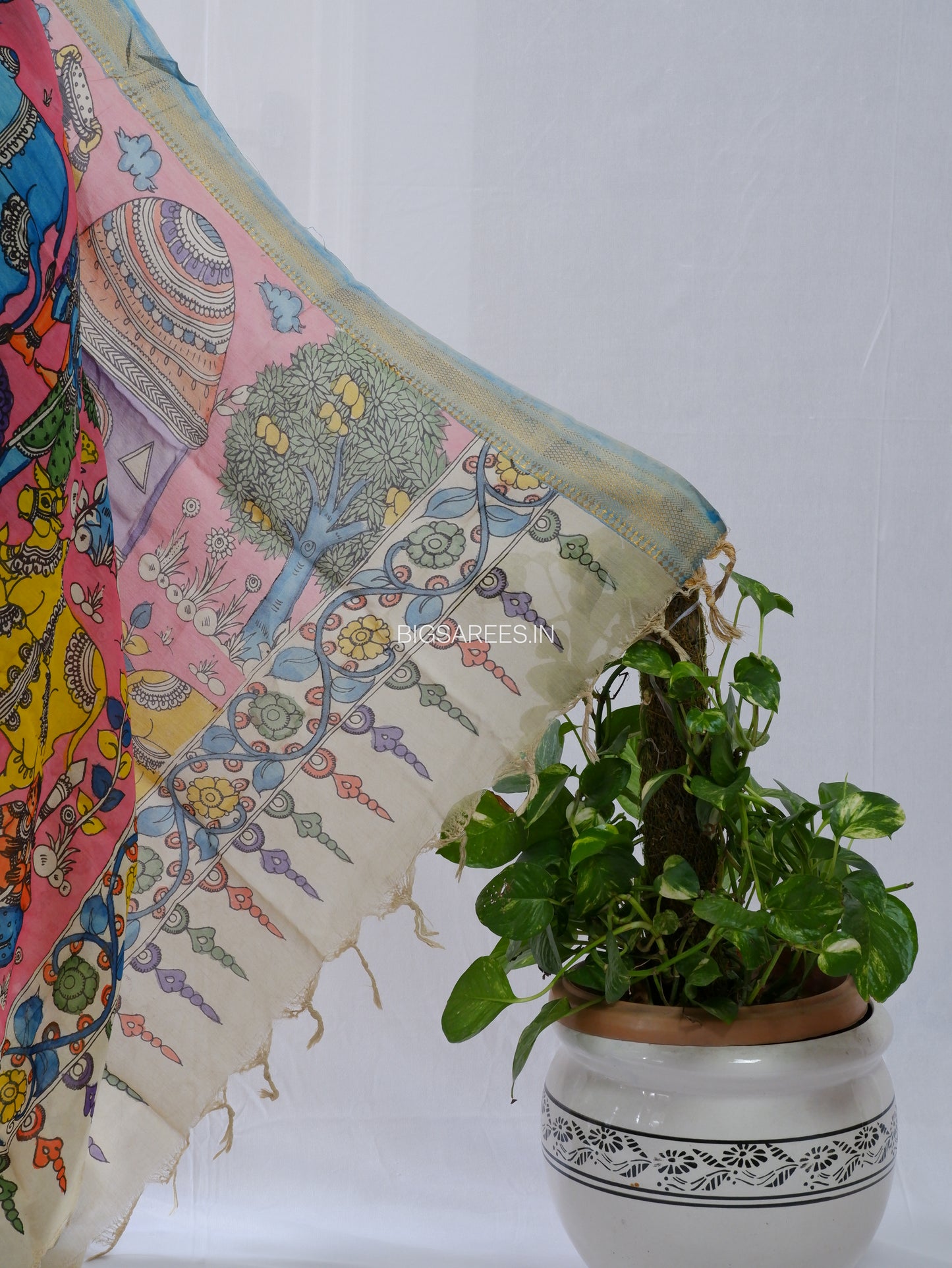 Pen Kalamkari Hand Painted Bangalore Silk Dupatta | Baby Pink |