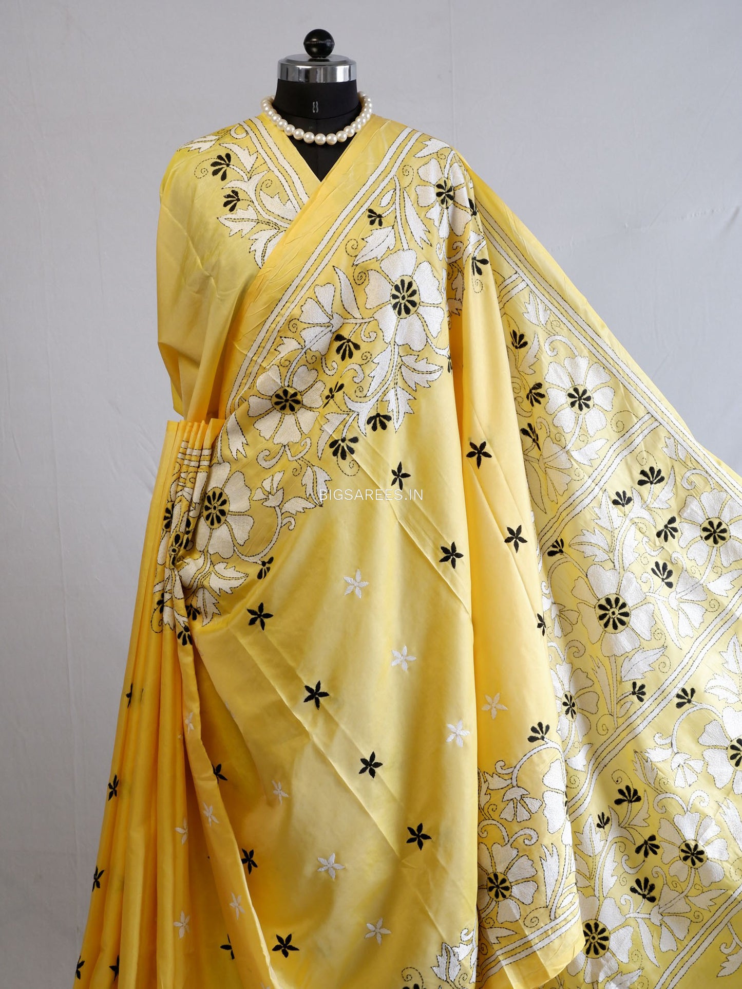 Kantha Stitch Hand Embroidered Saree | Blended Bangalore Silk / Art Silk | Yellow