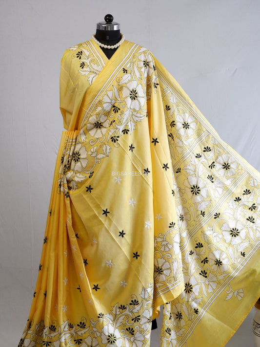 Kantha Stitch Hand Embroidered Saree | Blended Bangalore Silk / Art Silk | Yellow