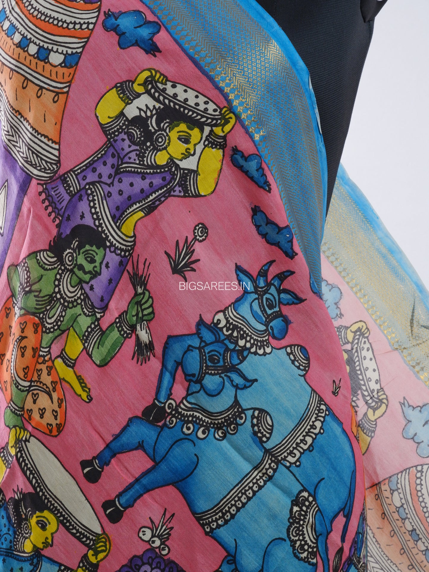 Pen Kalamkari Hand Painted Bangalore Silk Dupatta | Baby Pink |