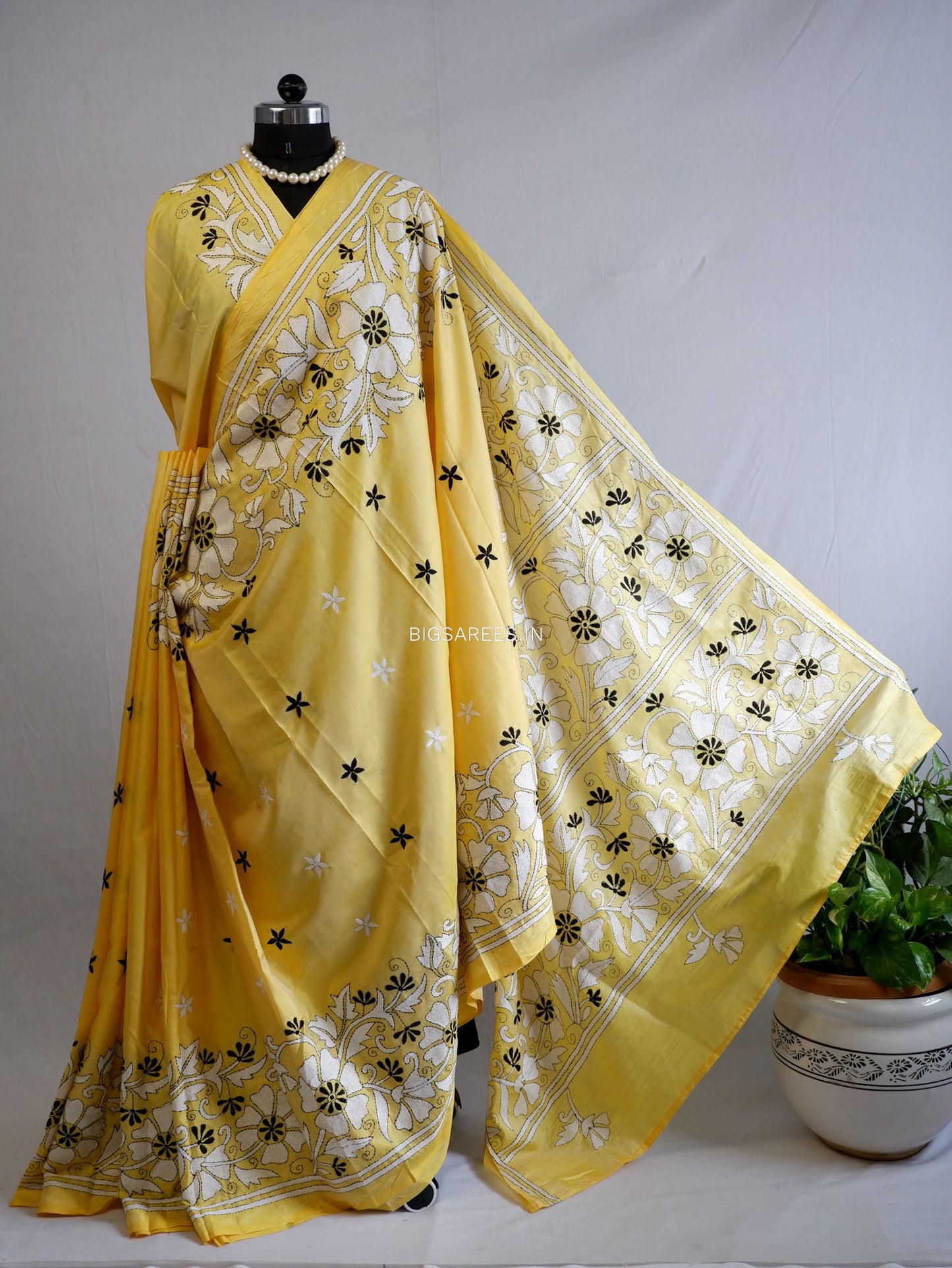 Kantha Stitch Hand Embroidered Saree | Blended Bangalore Silk / Art Silk | Yellow