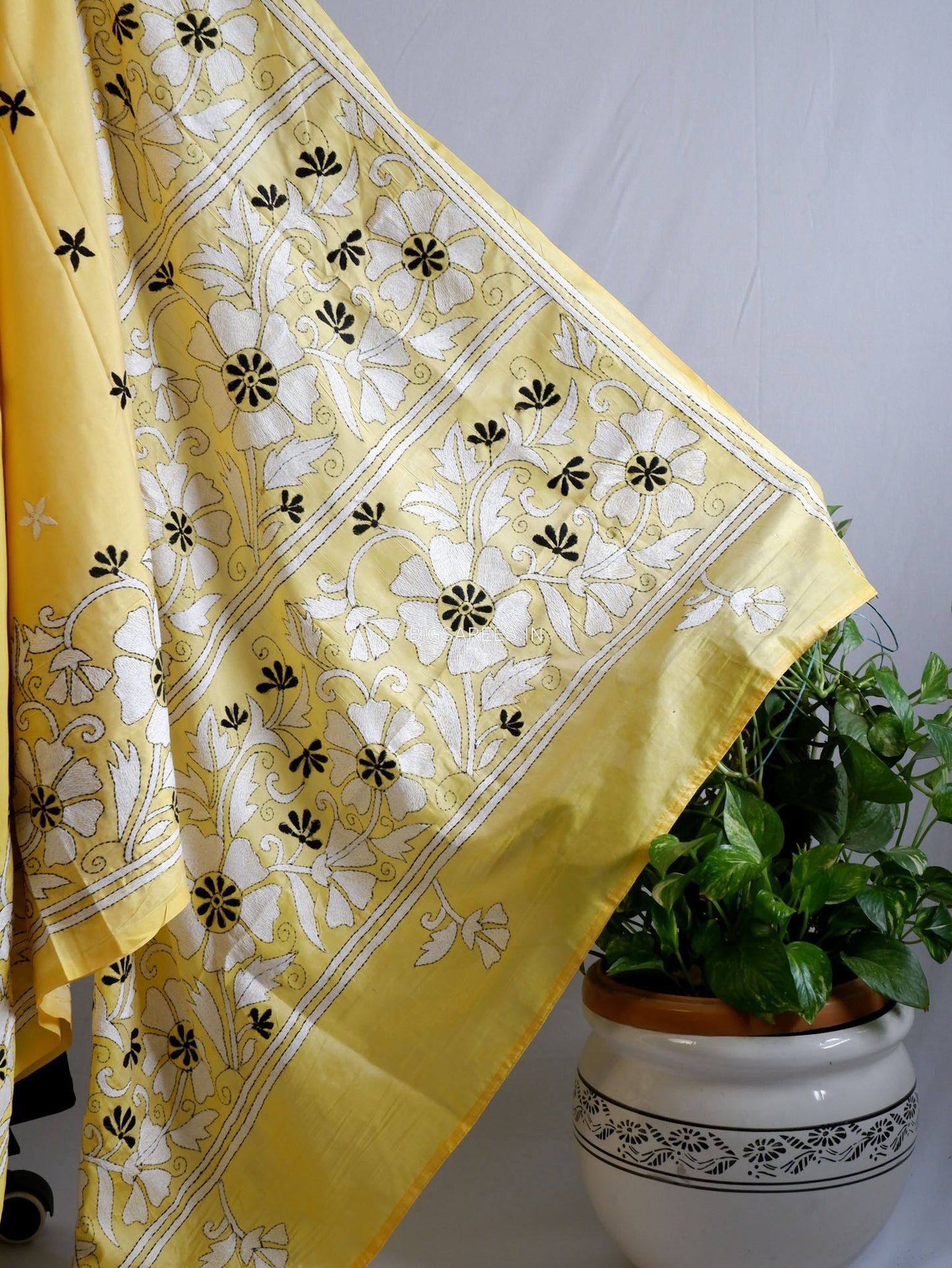Kantha Stitch Hand Embroidered Saree | Blended Bangalore Silk / Art Silk | Yellow