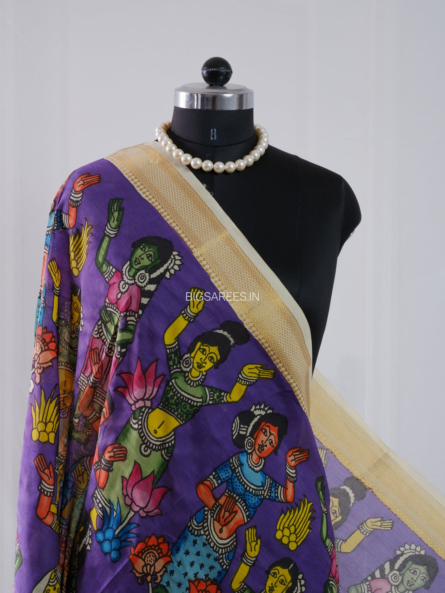 Pen Kalamkari Hand Painted Bangalore Silk Dupatta | Violet |