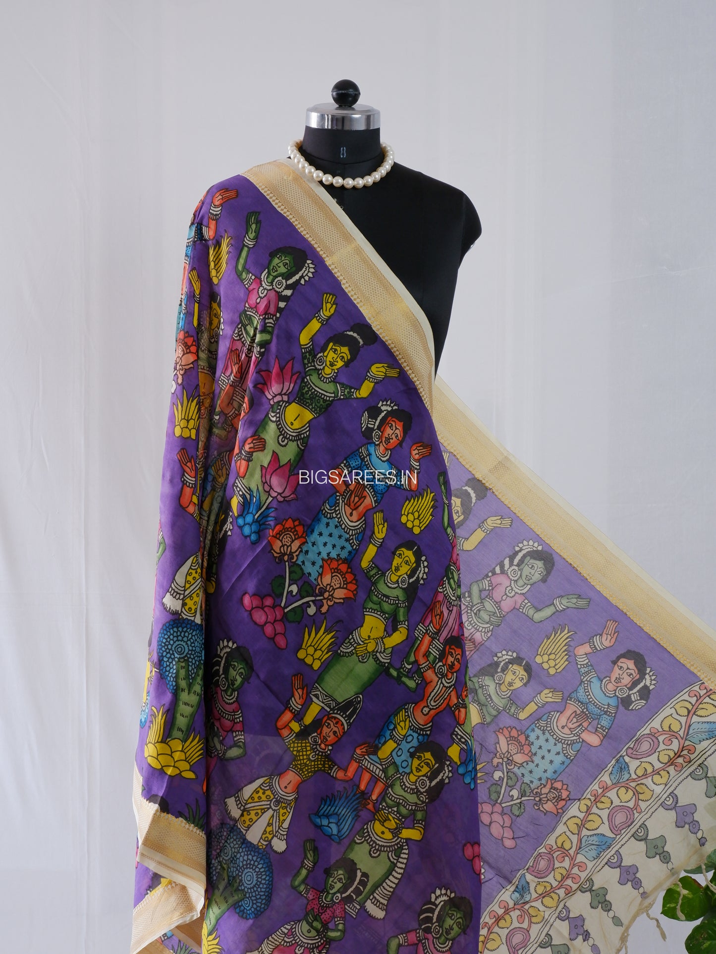 Pen Kalamkari Hand Painted Bangalore Silk Dupatta | Violet |
