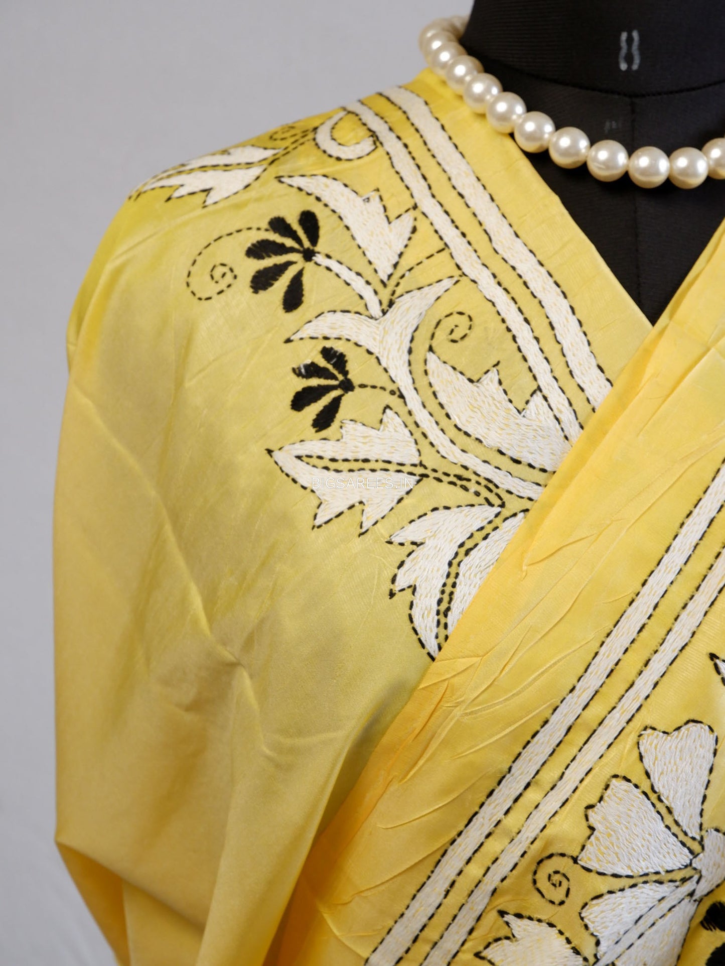 Kantha Stitch Hand Embroidered Saree | Blended Bangalore Silk / Art Silk | Yellow