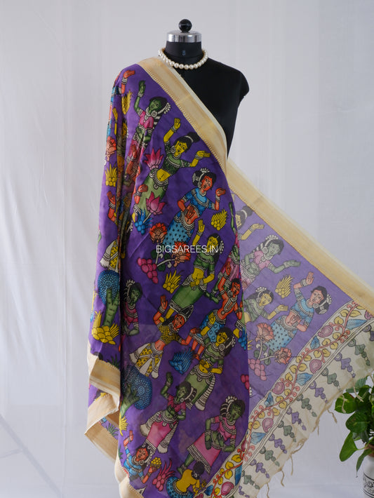 Pen Kalamkari Hand Painted Bangalore Silk Dupatta | Violet |