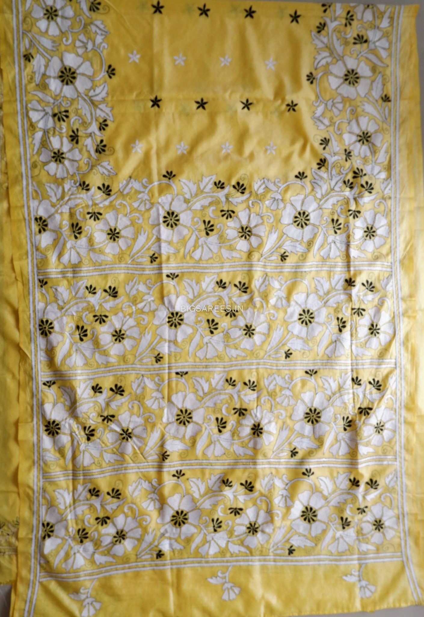 Kantha Stitch Hand Embroidered Saree | Blended Bangalore Silk / Art Silk | Yellow