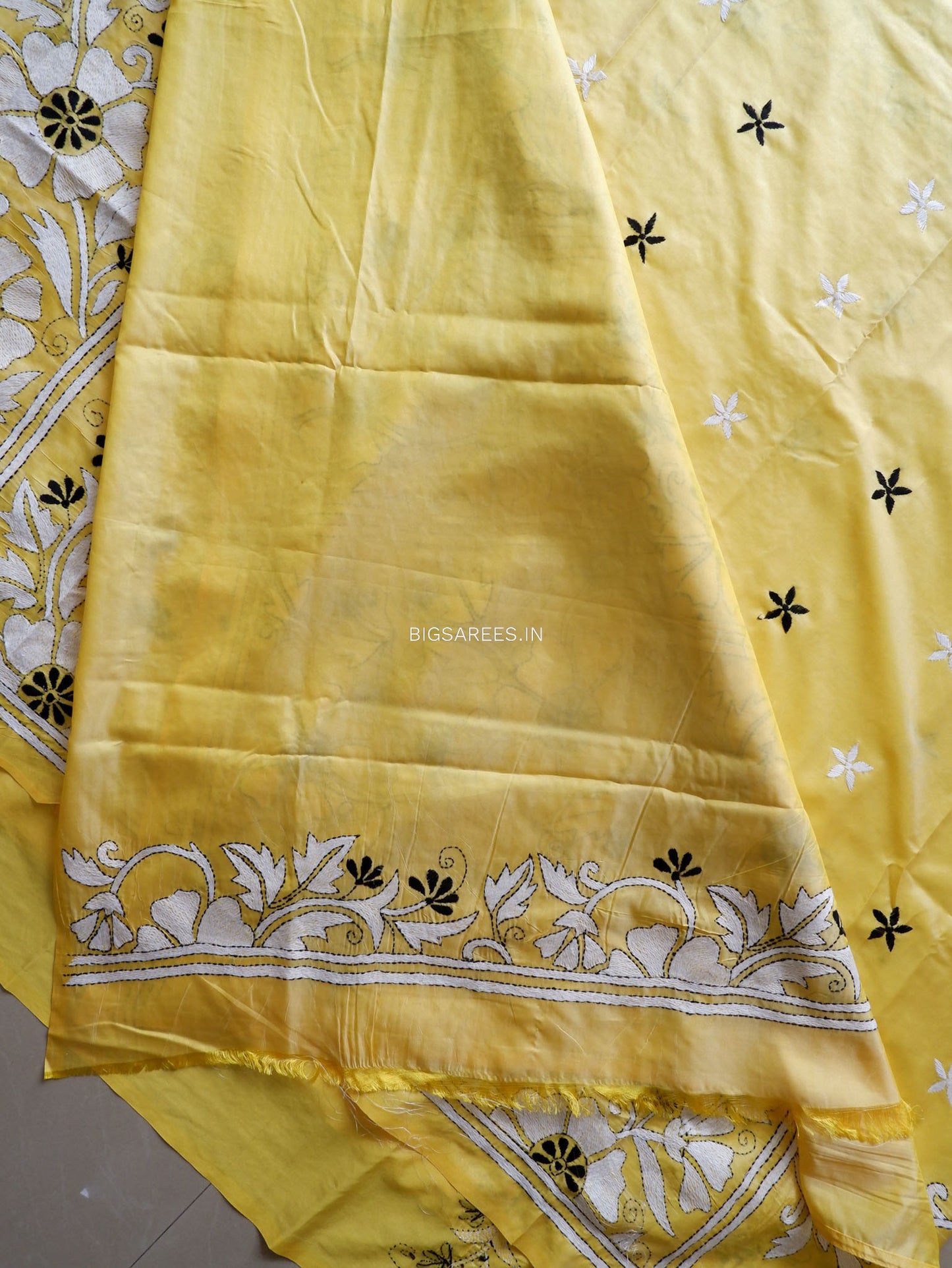 Kantha Stitch Hand Embroidered Saree | Blended Bangalore Silk / Art Silk | Yellow