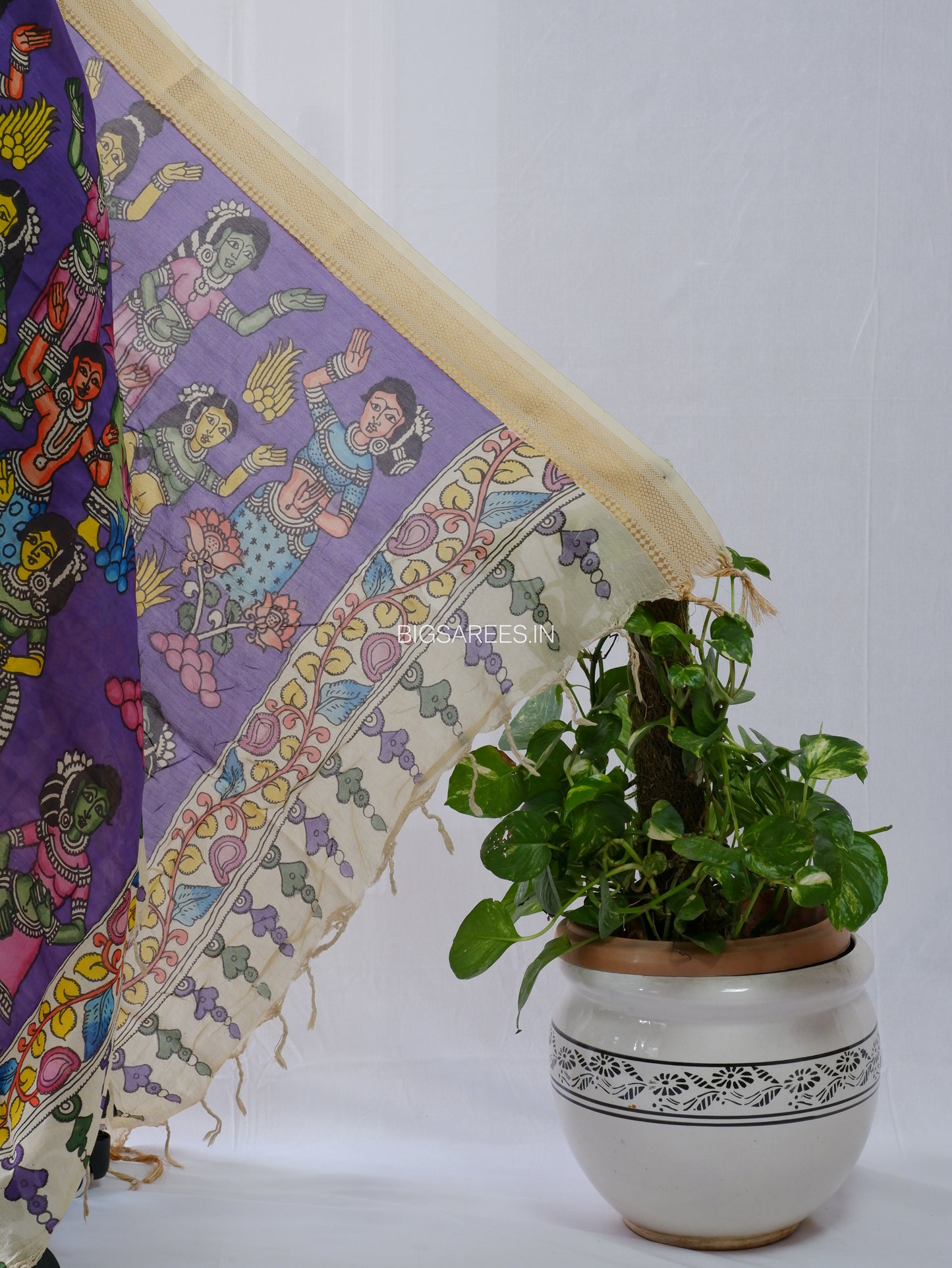 Pen Kalamkari Hand Painted Bangalore Silk Dupatta | Violet |