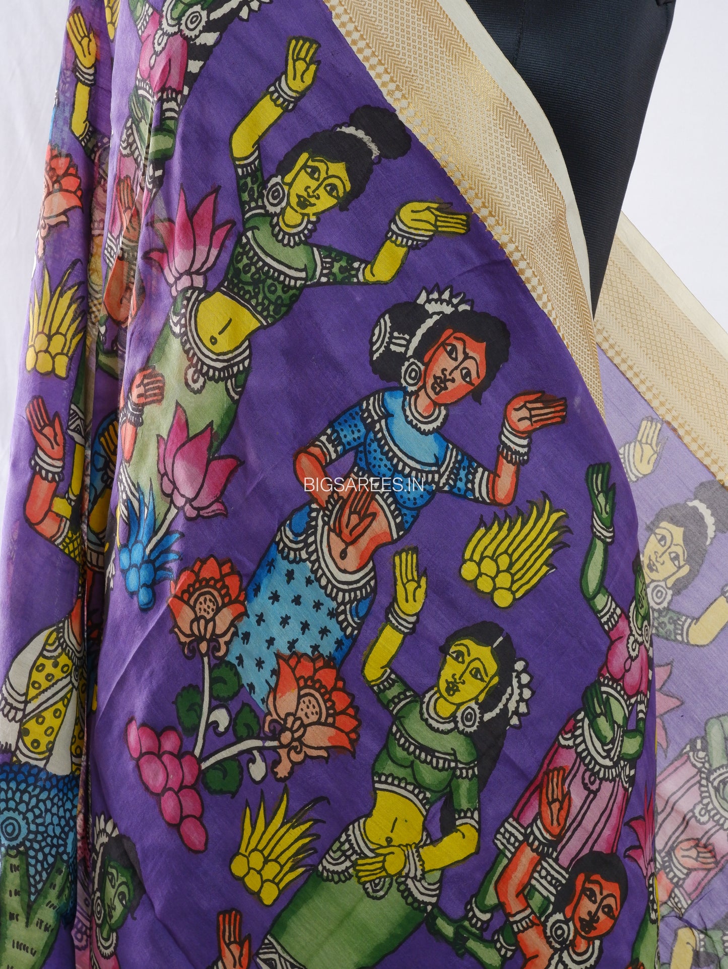Pen Kalamkari Hand Painted Bangalore Silk Dupatta | Violet |