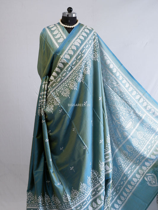 Kantha Stitch Hand Embroidered Saree | Blended Bangalore Silk / Art Silk | Blue (Dual Tone)