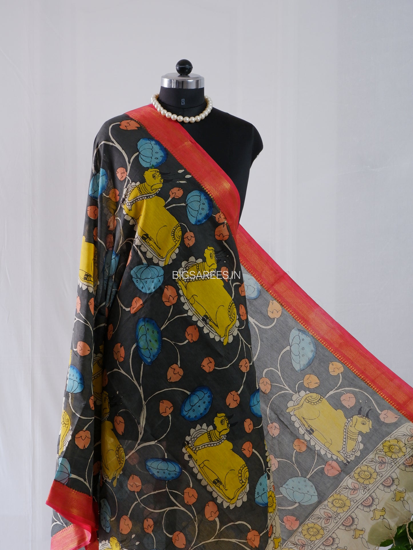 Pen Kalamkari Hand Painted Bangalore Silk Dupatta | Black |