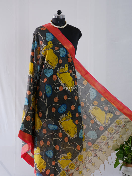 Pen Kalamkari Hand Painted Bangalore Silk Dupatta | Black |