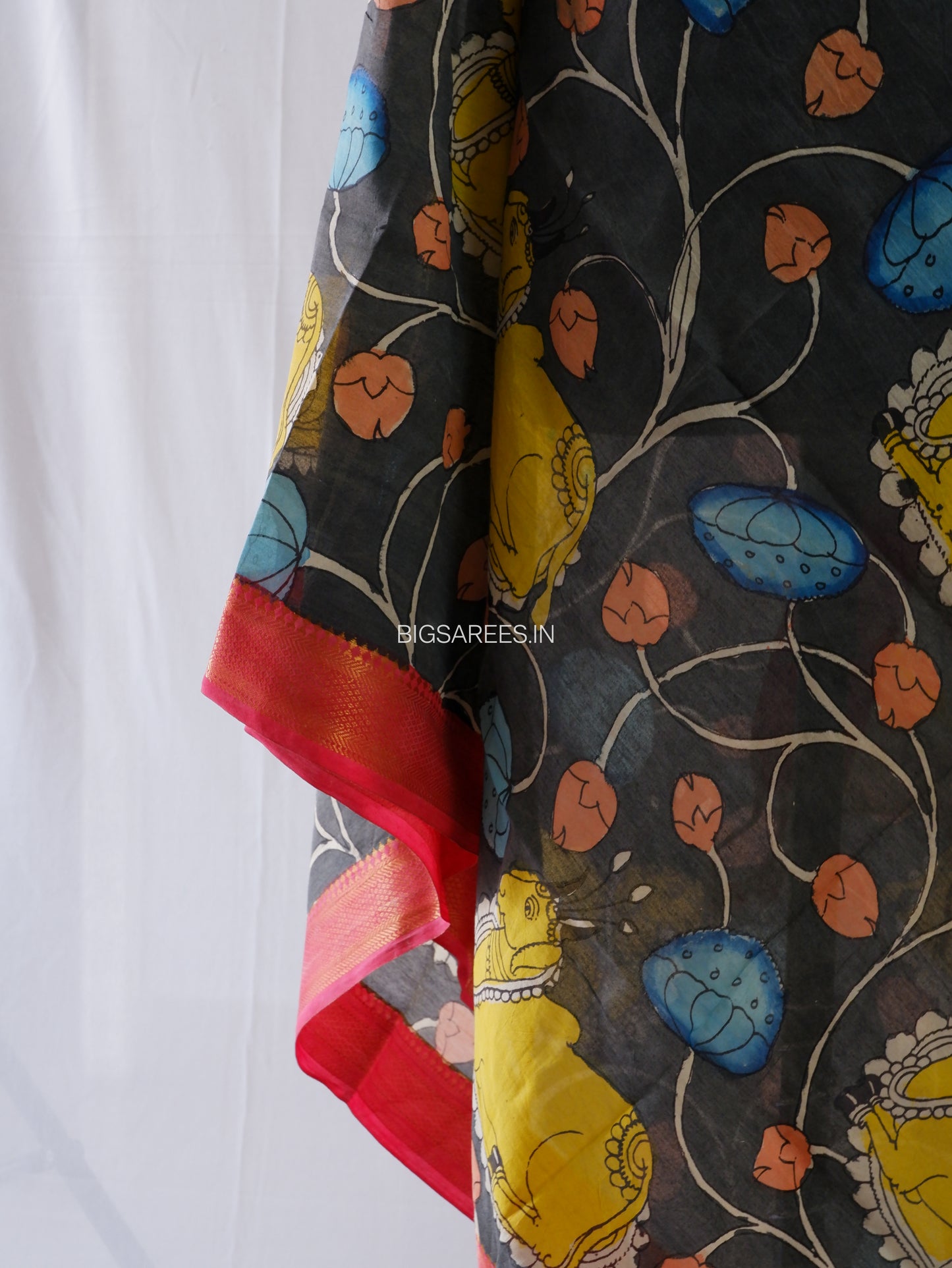 Pen Kalamkari Hand Painted Bangalore Silk Dupatta | Black |