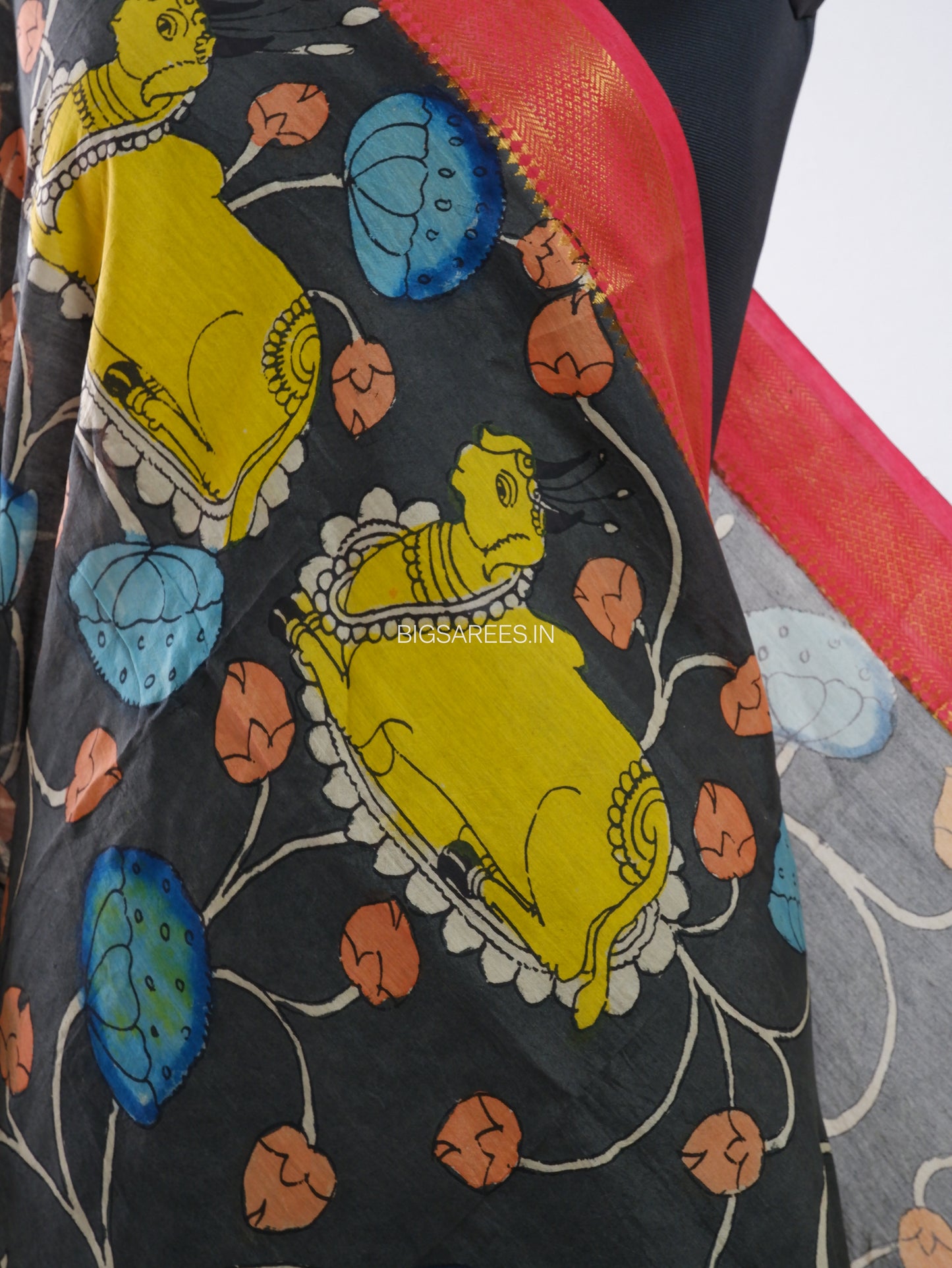 Pen Kalamkari Hand Painted Bangalore Silk Dupatta | Black |