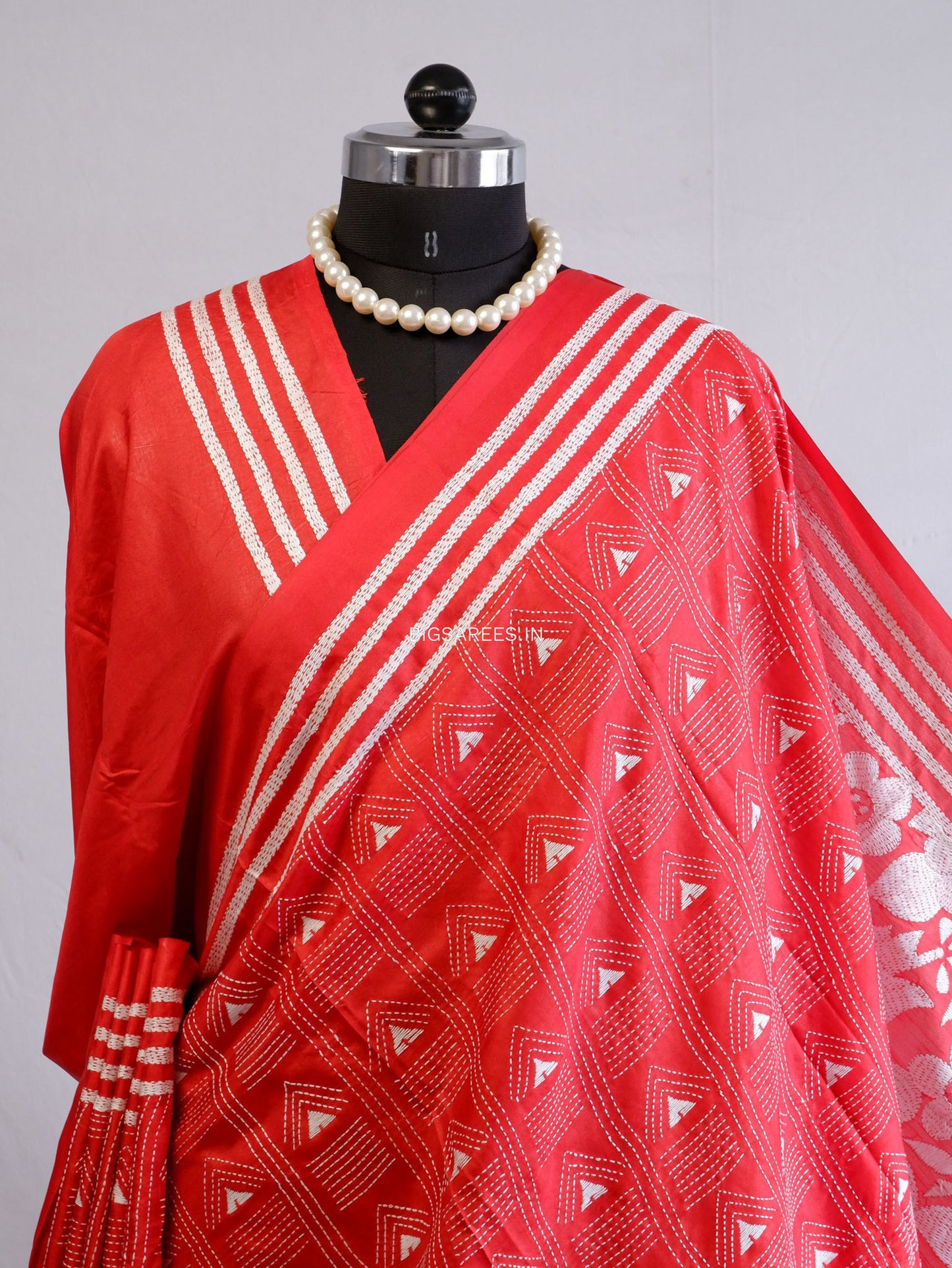Kantha Stitch Hand Embroidered Saree | Blended Bangalore Silk / Art Silk | Red
