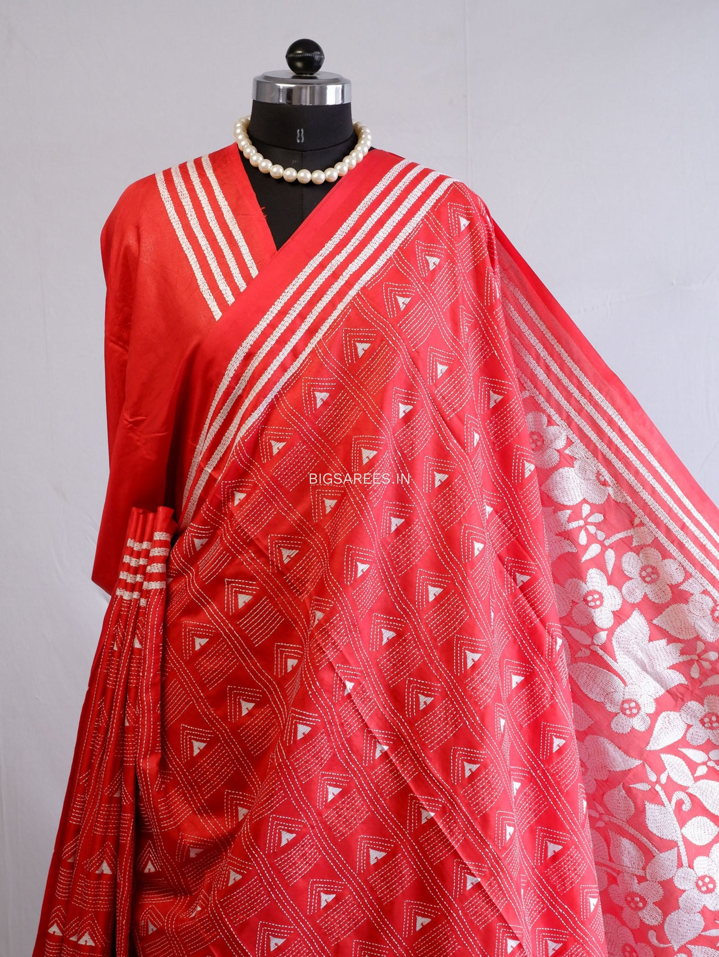 Kantha Stitch Hand Embroidered Saree | Blended Bangalore Silk / Art Silk | Red