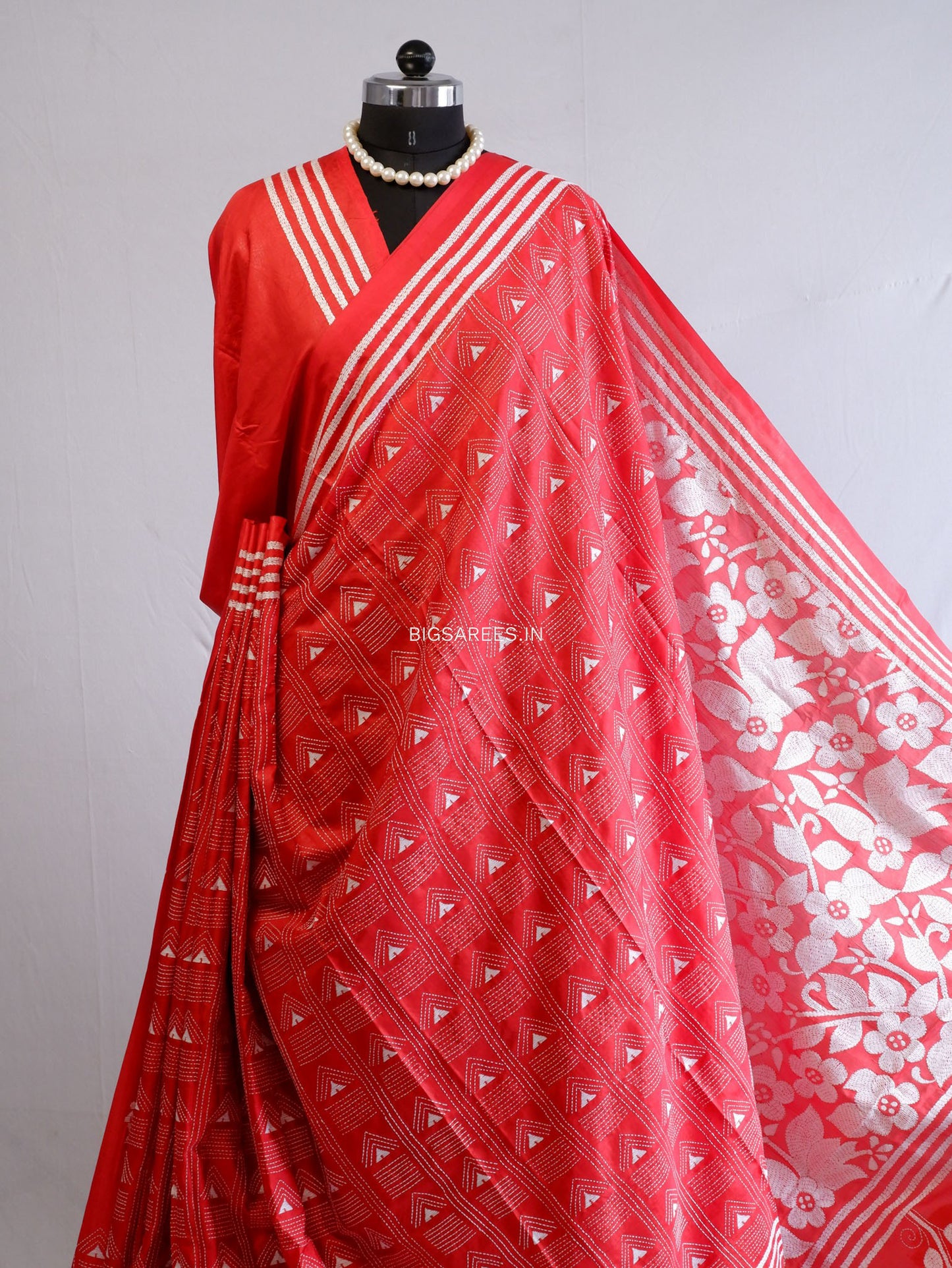 Kantha Stitch Hand Embroidered Saree | Blended Bangalore Silk / Art Silk | Red
