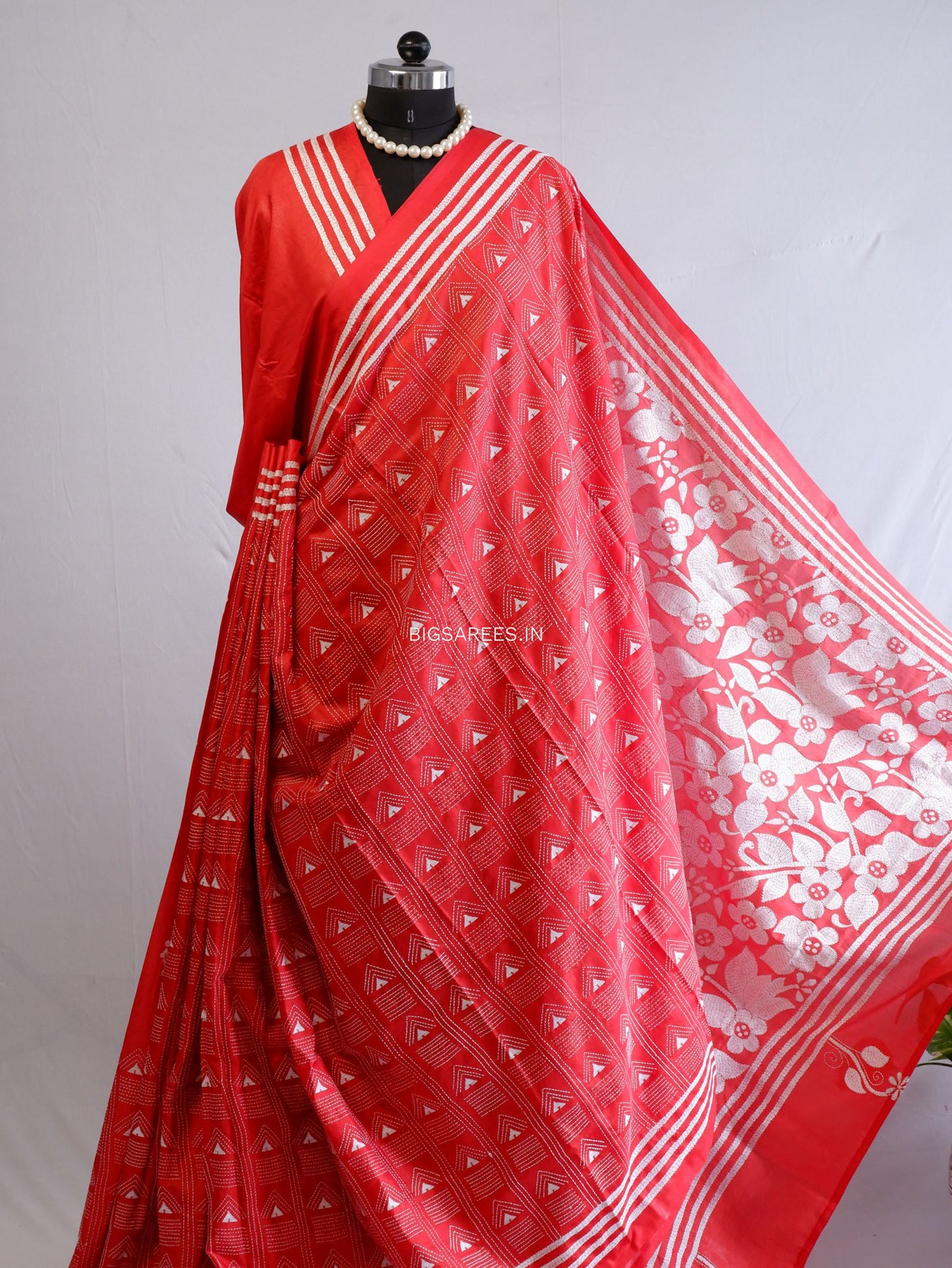 Kantha Stitch Hand Embroidered Saree | Blended Bangalore Silk / Art Silk | Red