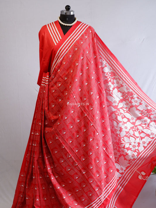 Kantha Stitch Hand Embroidered Saree | Blended Bangalore Silk / Art Silk | Red