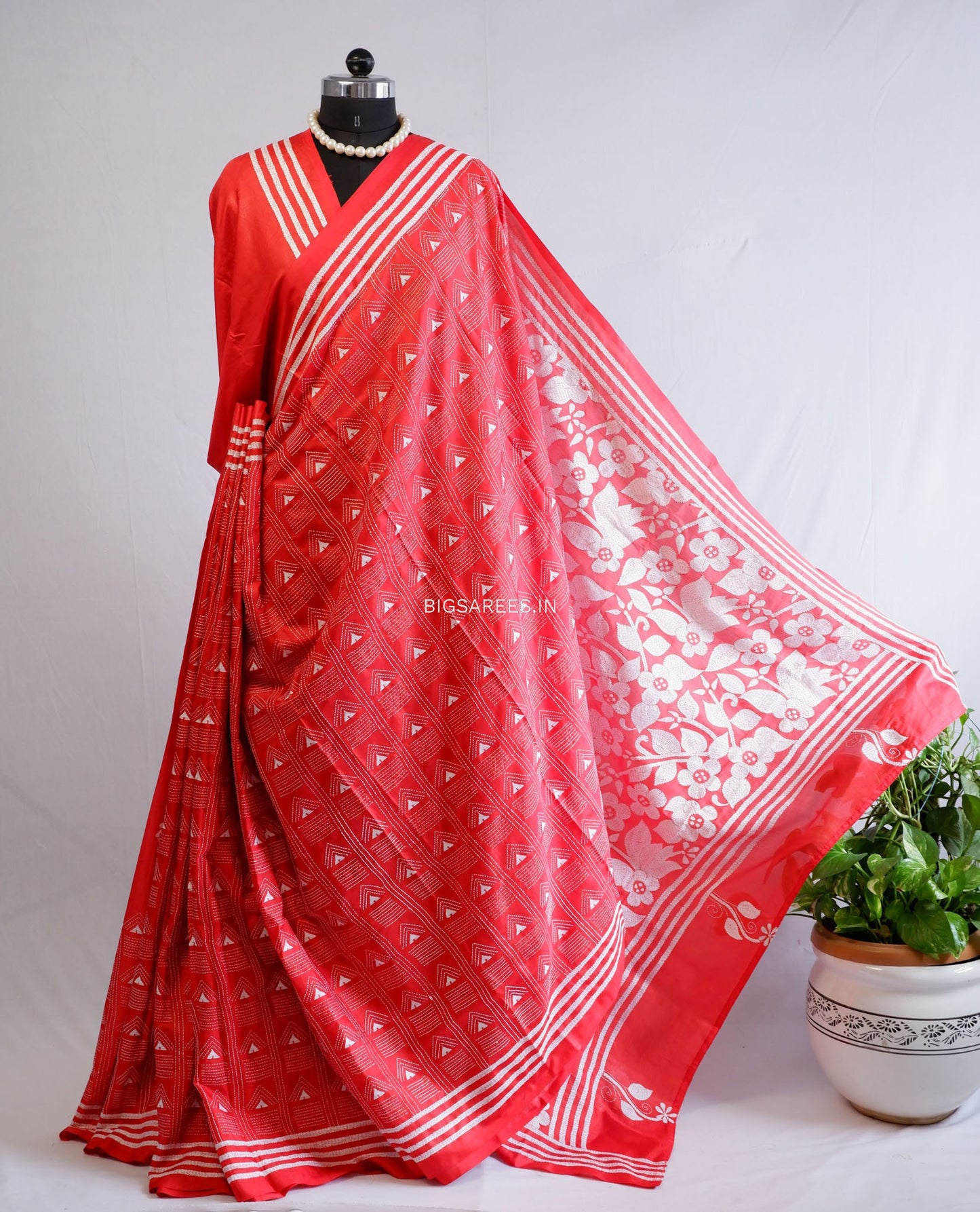 Kantha Stitch Hand Embroidered Saree | Blended Bangalore Silk / Art Silk | Red