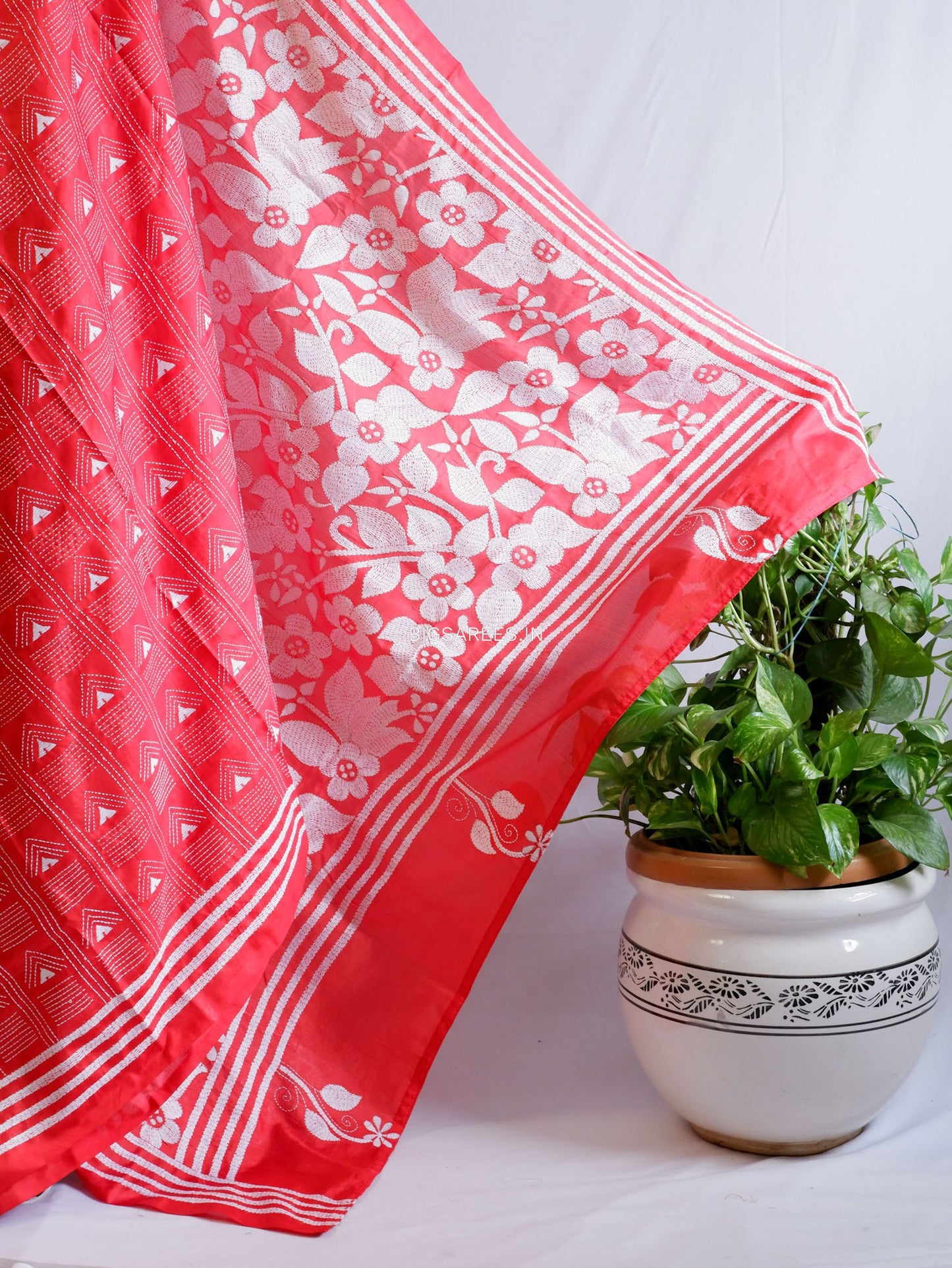 Kantha Stitch Hand Embroidered Saree | Blended Bangalore Silk / Art Silk | Red