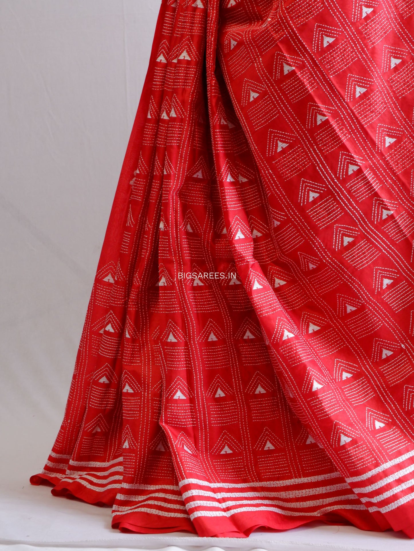 Kantha Stitch Hand Embroidered Saree | Blended Bangalore Silk / Art Silk | Red