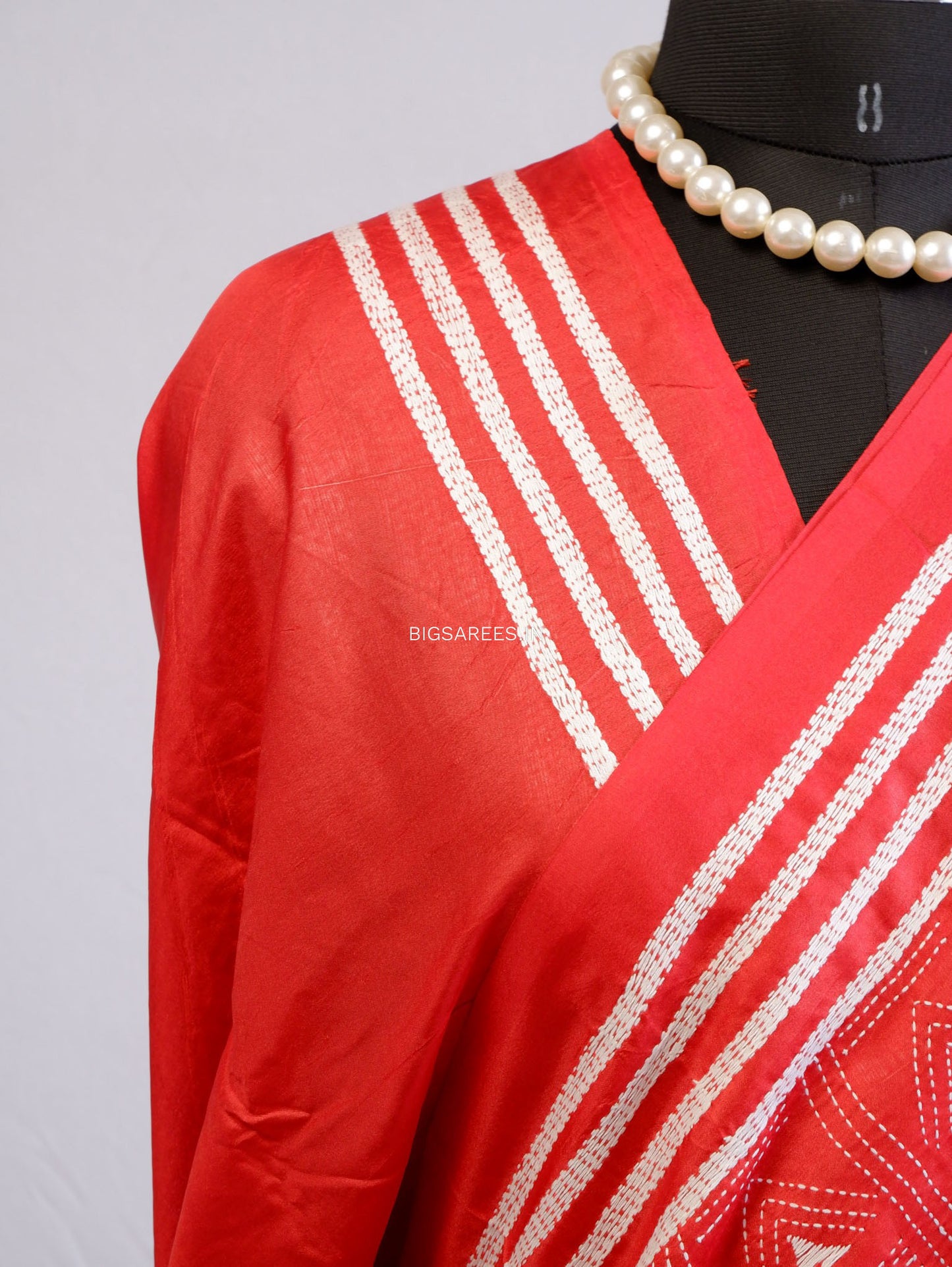 Kantha Stitch Hand Embroidered Saree | Blended Bangalore Silk / Art Silk | Red