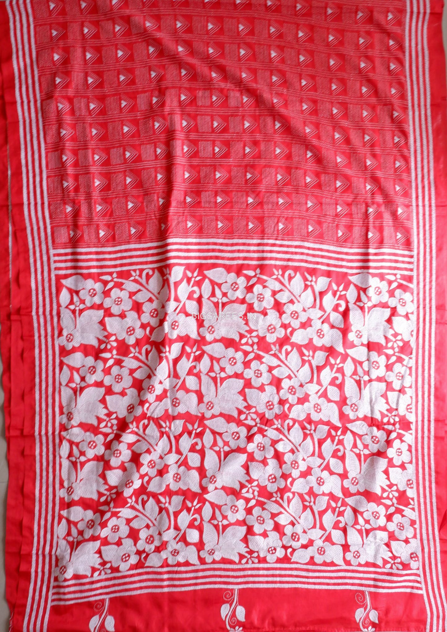 Kantha Stitch Hand Embroidered Saree | Blended Bangalore Silk / Art Silk | Red