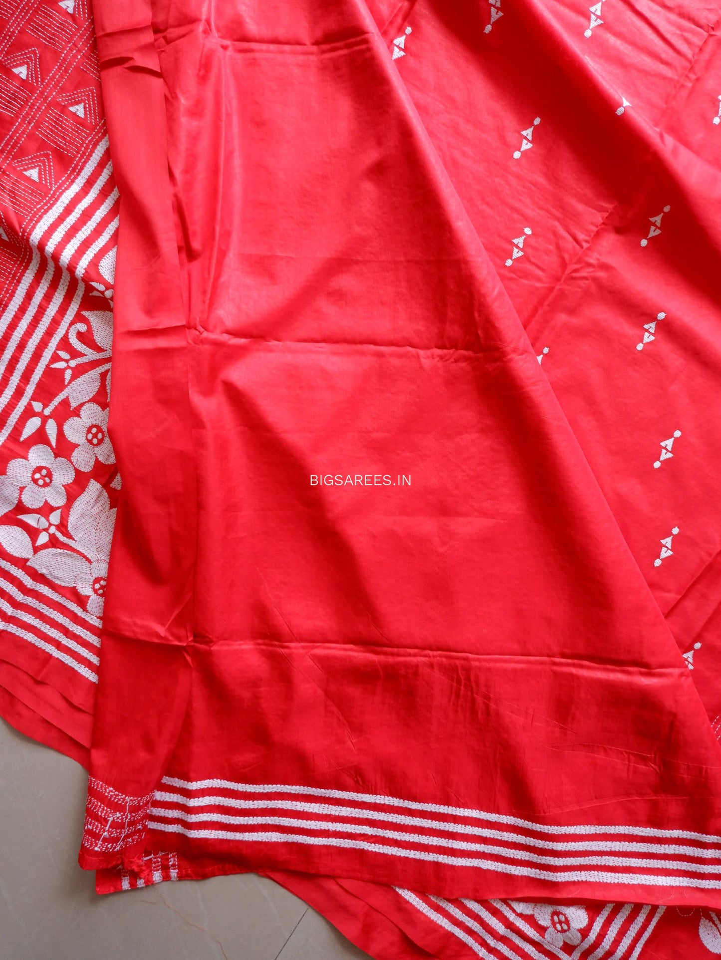 Kantha Stitch Hand Embroidered Saree | Blended Bangalore Silk / Art Silk | Red