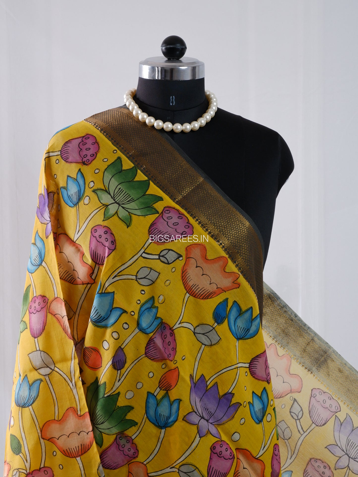 Pen Kalamkari Hand Painted Bangalore Silk Dupatta | Yellow |